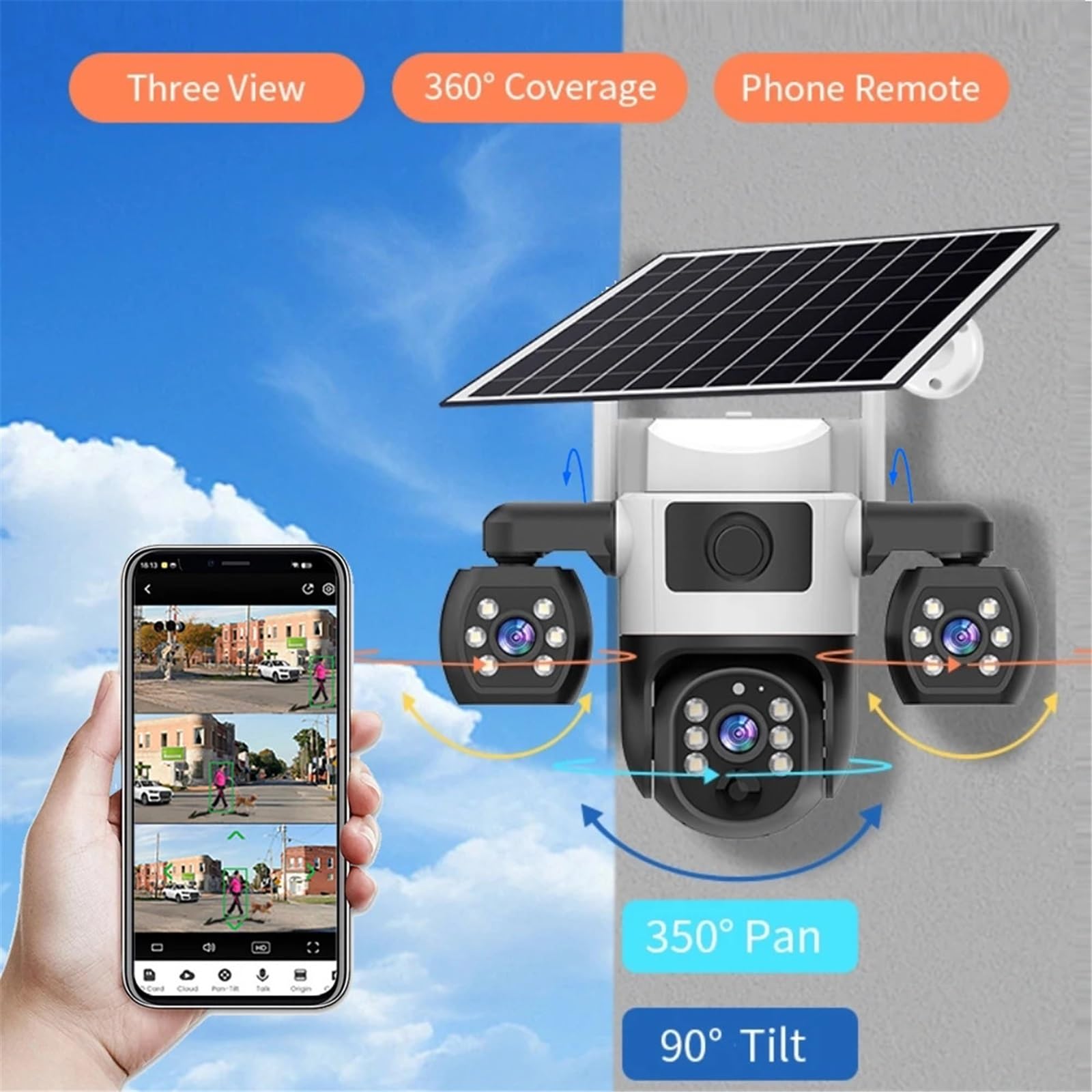 Wifi Security Cameras 3 Lens 3 Screen 10X Zoom Solar Outdoor Camera Waterproof Night Vision CCTV Security Protection(3MP 5X Camera)