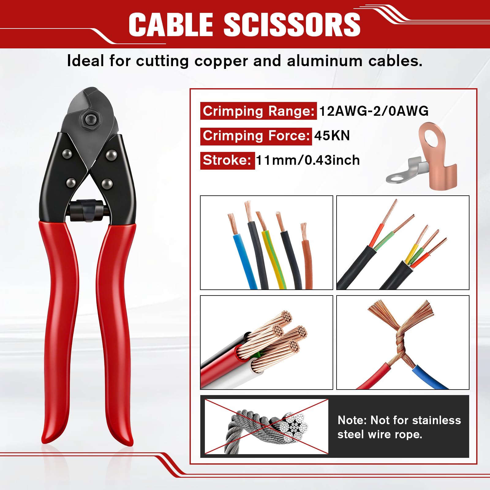 Juego de herramientas de crimpado hidráulico de 10 toneladas, crimpadora de cable de terminal eléctrico de 12 AWG a 2/0 AWG con mandíbulas de acero endurecido, resorte de retorno automático