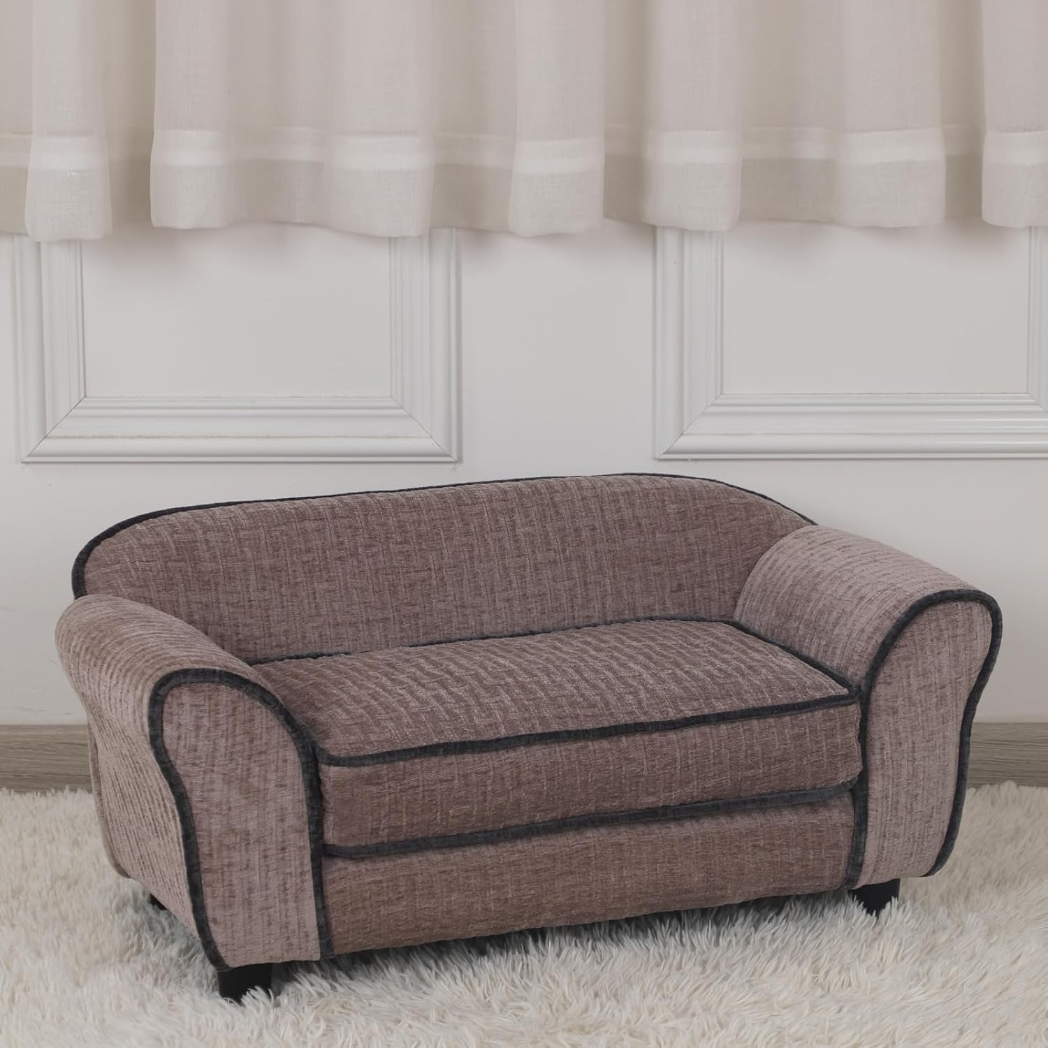 review Pet Sofa/Dog Bed with Luxury Striped Fleece Pet Bed Animal Sleeping Bed, Small Dog and Cat Couch Bed (Light Brown)