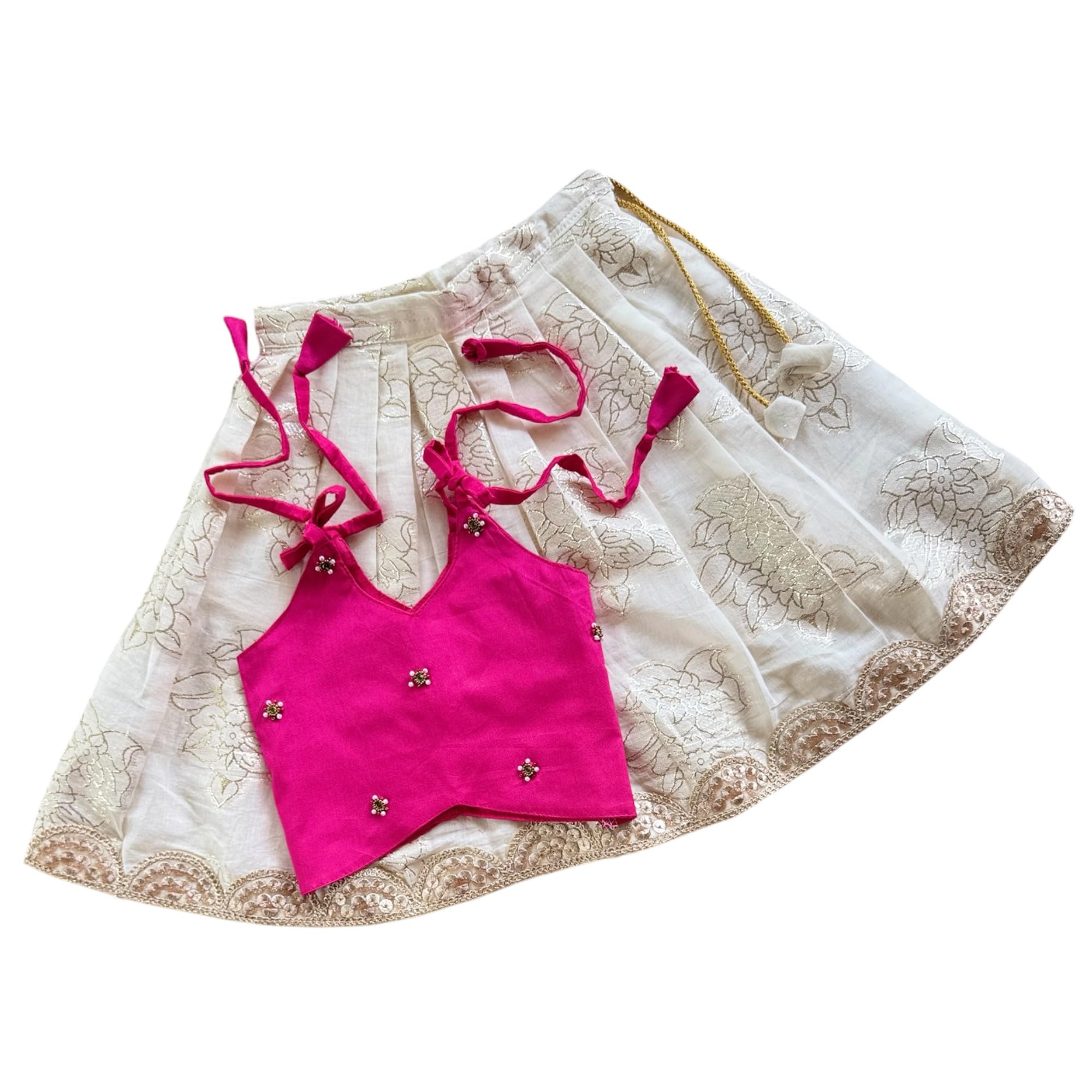 picksparrow Baby Girls Lehenga Set with Embellished Choli, Cotton Silk Top with Stone and Bead Work, Cotton Lurex Skirt with Golden Border (CROP TOP)-picture-29