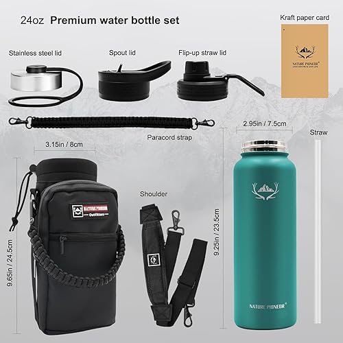Miniatura 2 de NATURE PIONEOR Botellas de agua aisladas con pajilla, botella de agua de acero inoxidable de 24 onzas con soporte, portador  funda, reutilizable, de