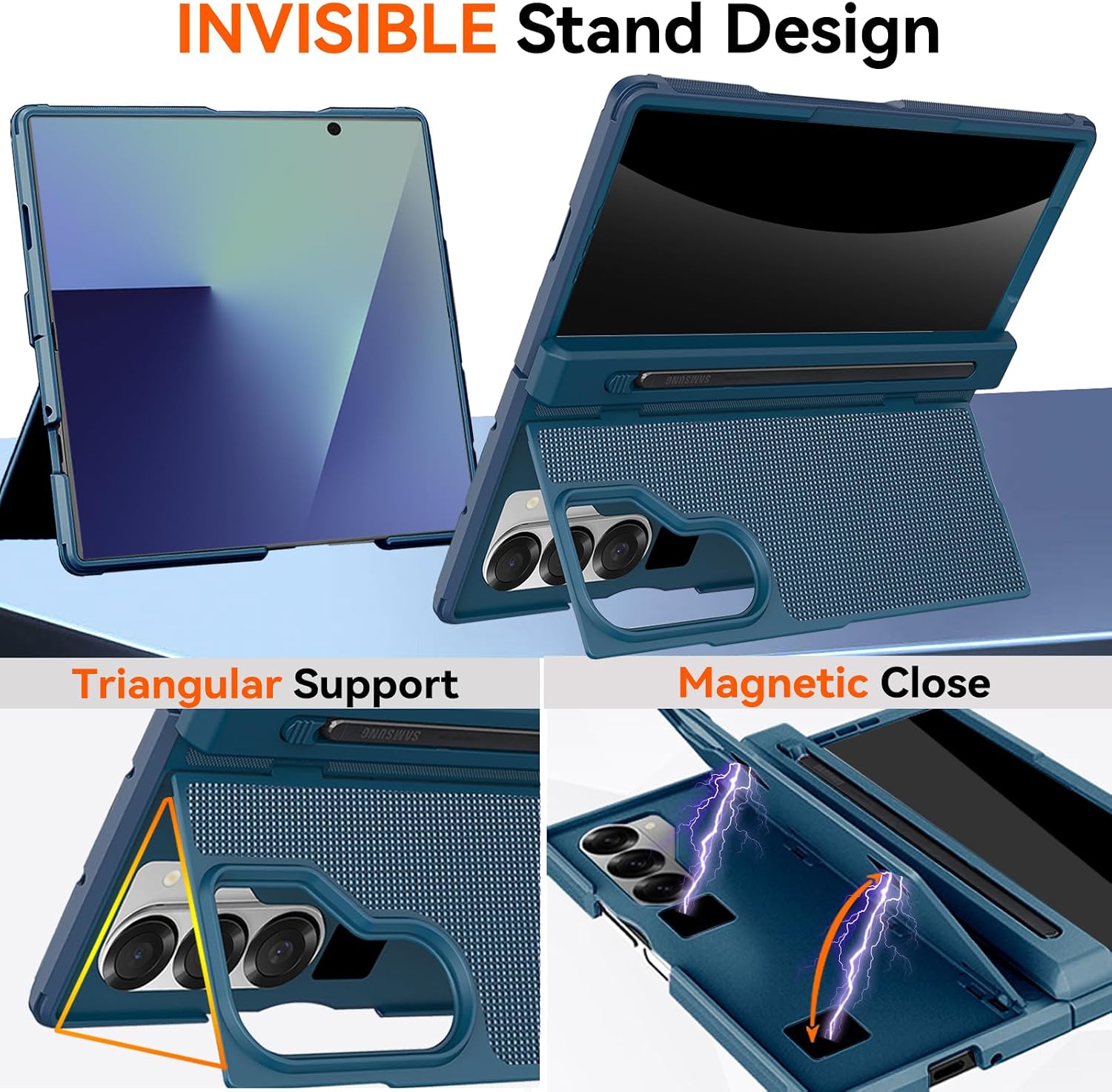 for Samsung Galaxy Z Fold 7 Magnetic Case with S Pen Holder & Stylus, [Invisible Kickstand] Compatible Magsafe Privacy Screen Protector Full Coverage Hinge Cover Phone Case for Z Fold 7 Blue