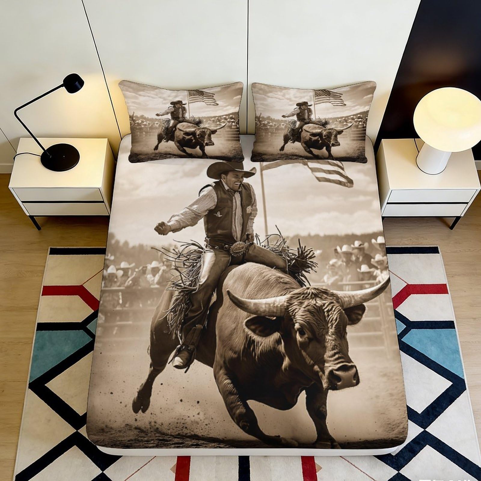 3D Printed Cowboy Rodeo Fitted Sheet Microfiber Brown Western Bull Riding Mattress Cover for Bedroom Guest Room Decor 120x200x25cm