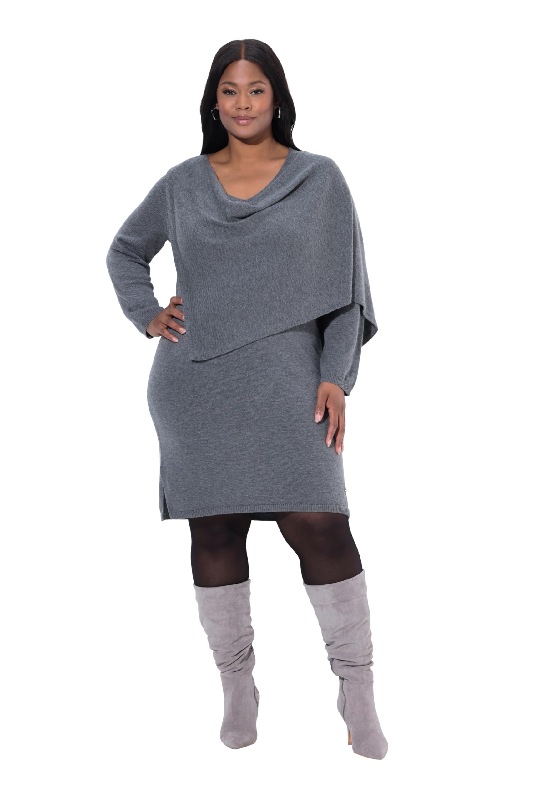 Ulla Popken Damen große Größen Übergrößen Plus Size Strickkleid, Schal, V-Ausschnitt, Langarm 841941