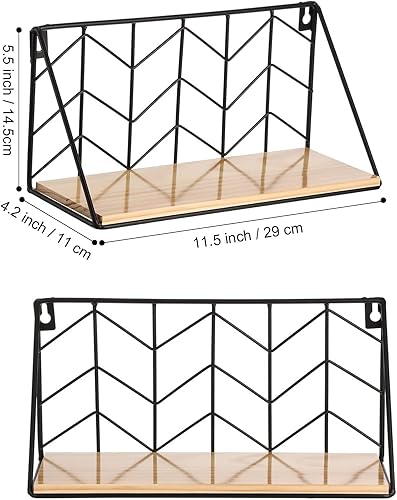 Miniatura 3 de Tatuo Juego de 6 estantes flotantes montados en la pared, almacenamiento de madera rústica con alambre de metal, estantes de exhibición de diseño
