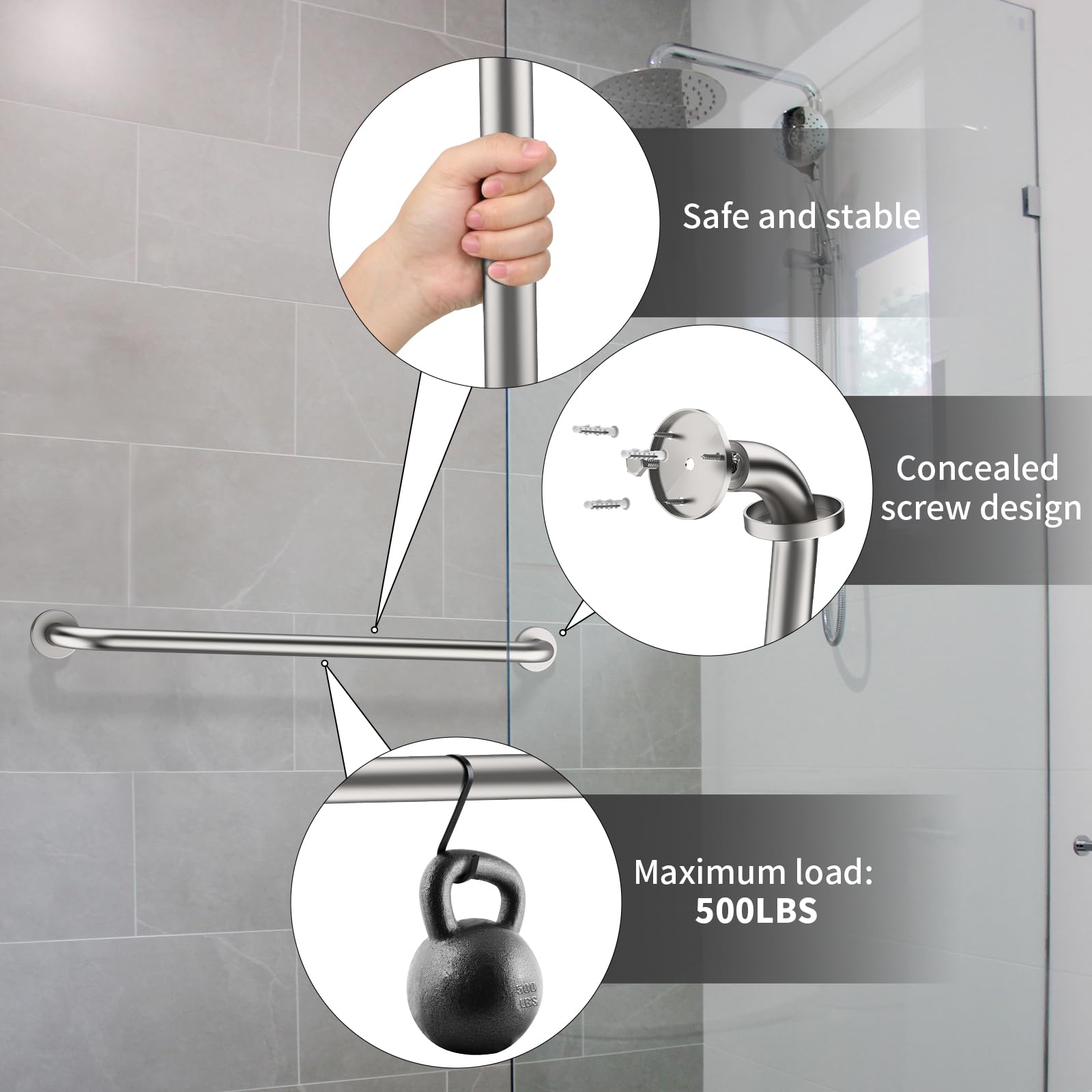 ZUEXT SUS304 - Barra per doccia in acciaio inox satinato e nichel spazzolato, con impugnatura per vasca da bagno (3,2 cm di diametro)