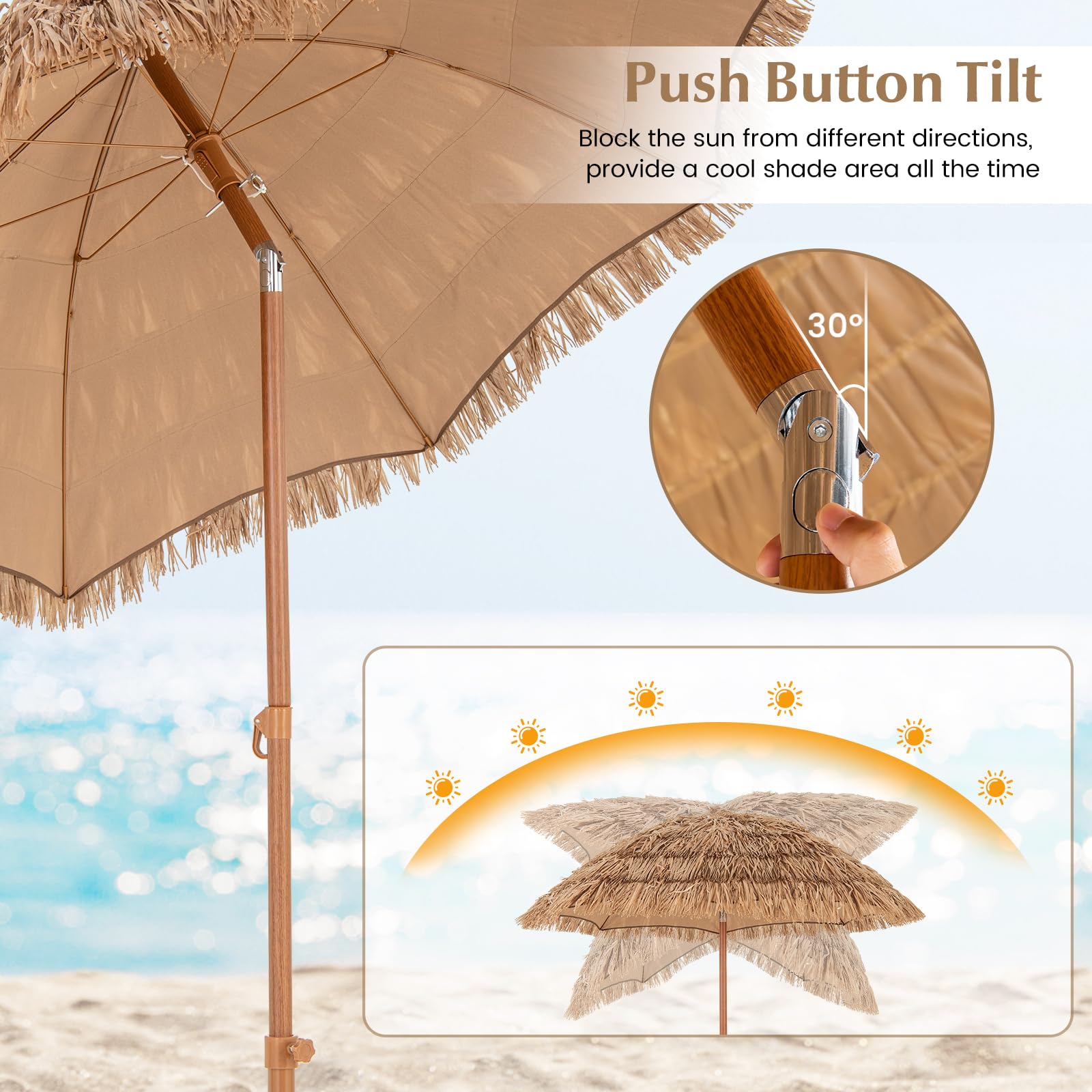 KOMFOTTEU Parasol w stylu hawajskim, wysokość 218 cm, torba do przenoszenia, składana stopa