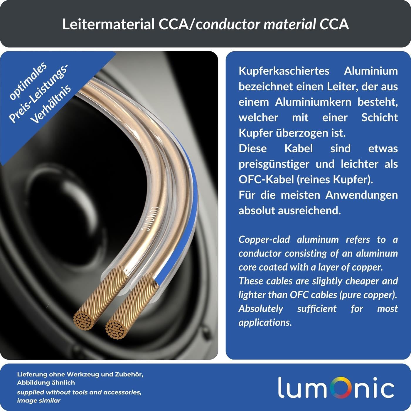 Lumonic Cavi per altoparlanti | 50m Trasparente | 2x 4mm² CCA | Marcatura blu Cavo per diffusori HiFi | Linea audio doppia