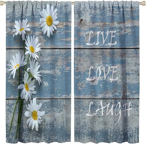 Miniatura 48 de Cortinas rústicas de cocina de granja, margaritas florales de granja de primavera, cortinas opacas de madera retro con bolsillo para barra, cortinas