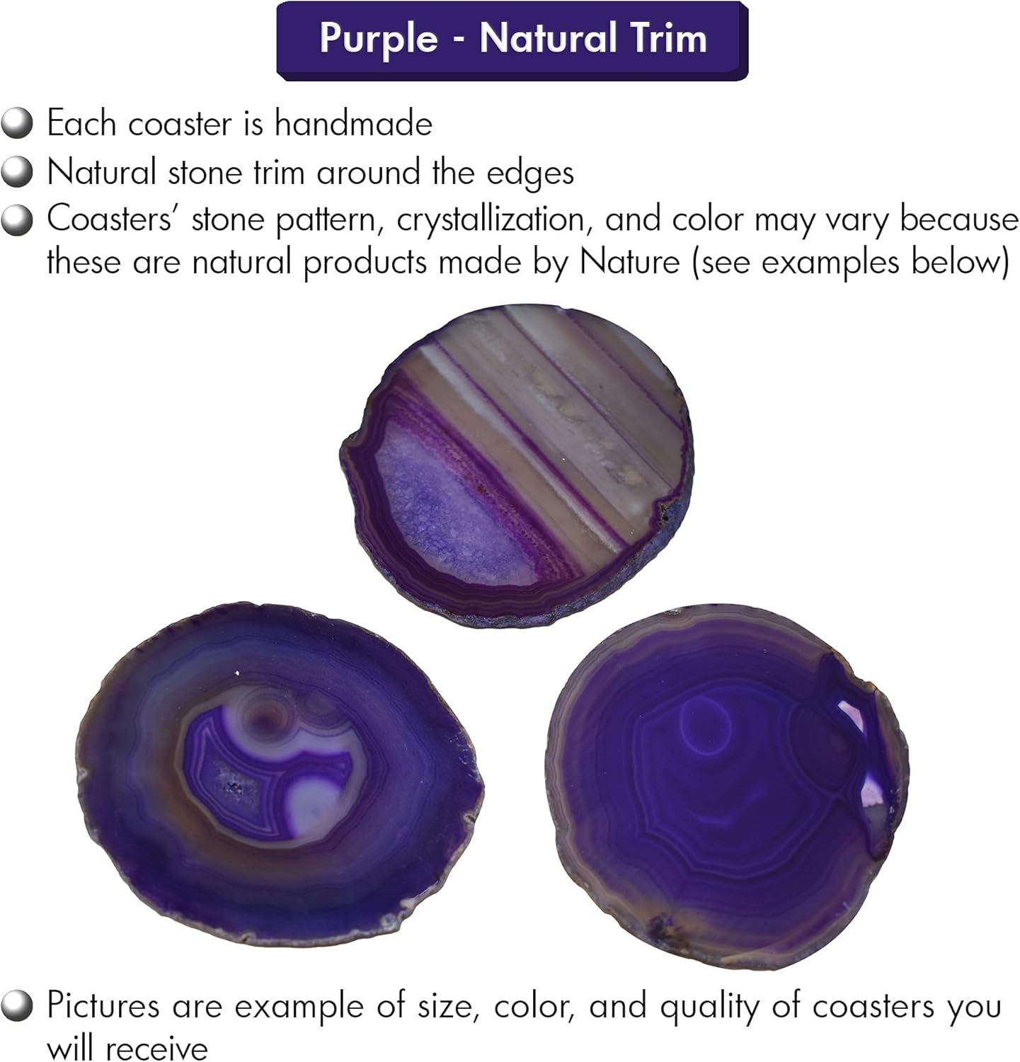 Nature's Decorations Purple Agate Stone Coasters - Set of 4, Polished Geode Drink Mats for Dining & Coffee Table & Kitchen Geode Decor Non-Toxic 3.5-4" Diameter