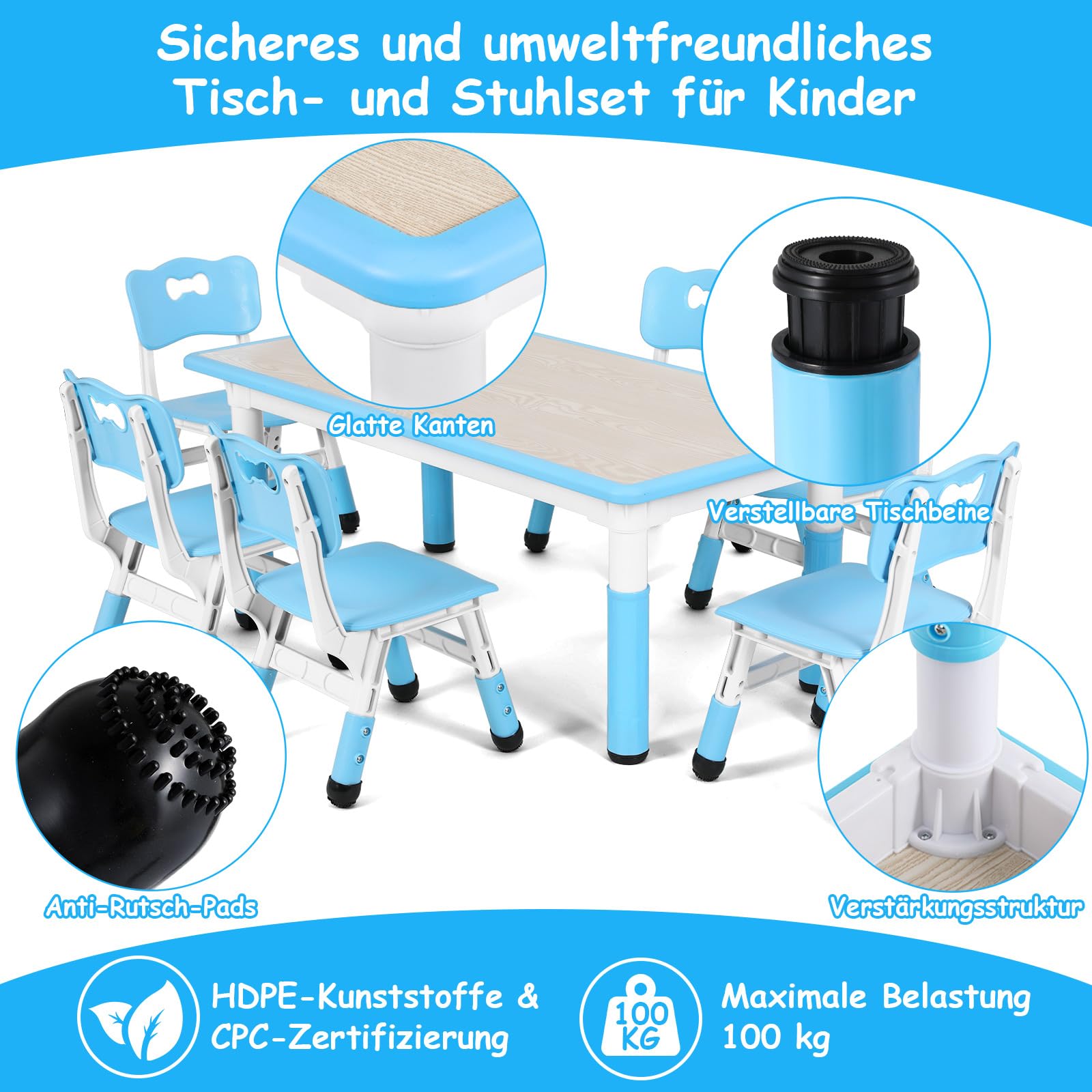 Maxx Kidz Kindertafel en 2 Stoeltjes - Speeltafel voor Kinderen - Wit Blauw en Bruin