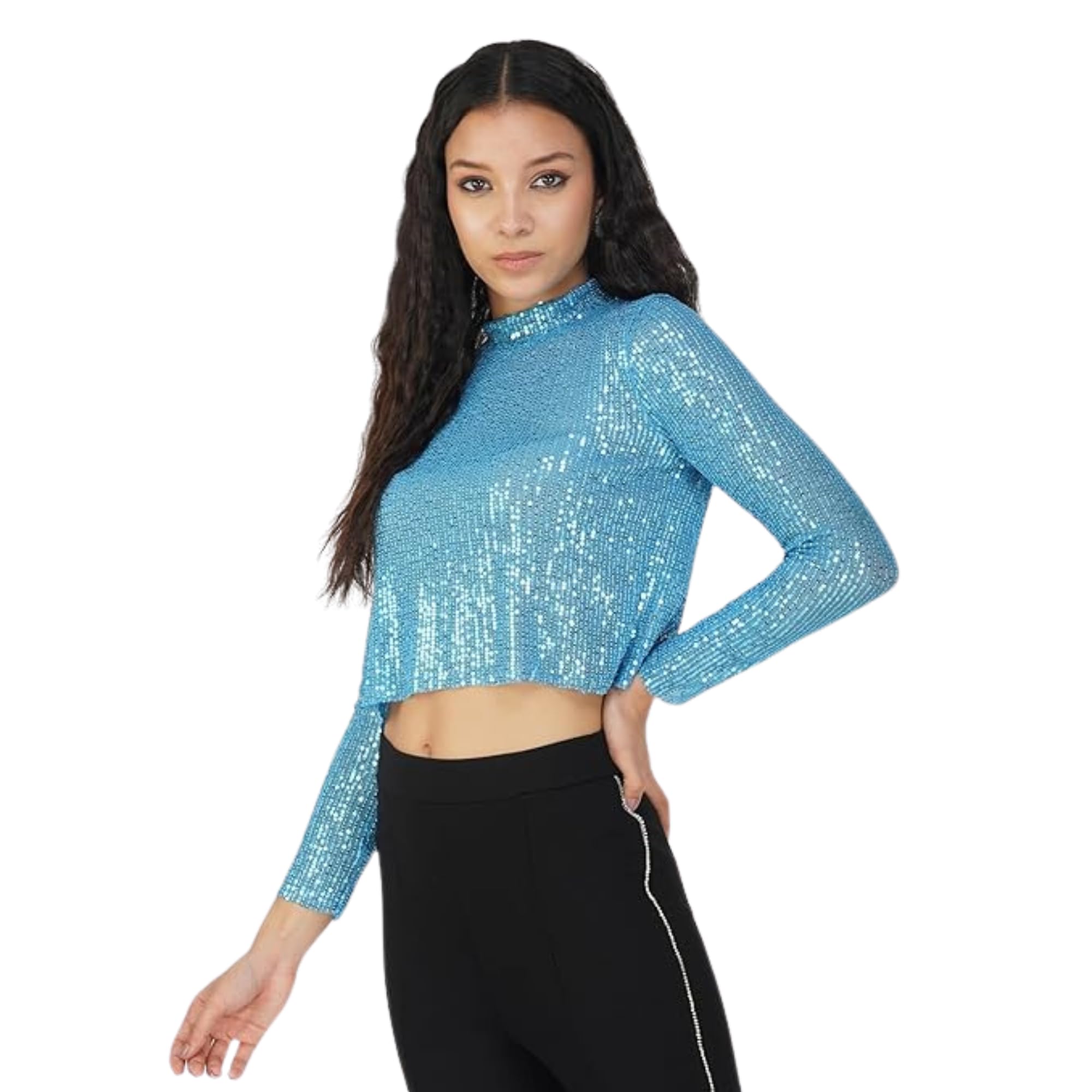 saffe Women's Casual Loose Fit Full Sleeve Turtle Neck Sequined Crop Top (Blue)-picture-13