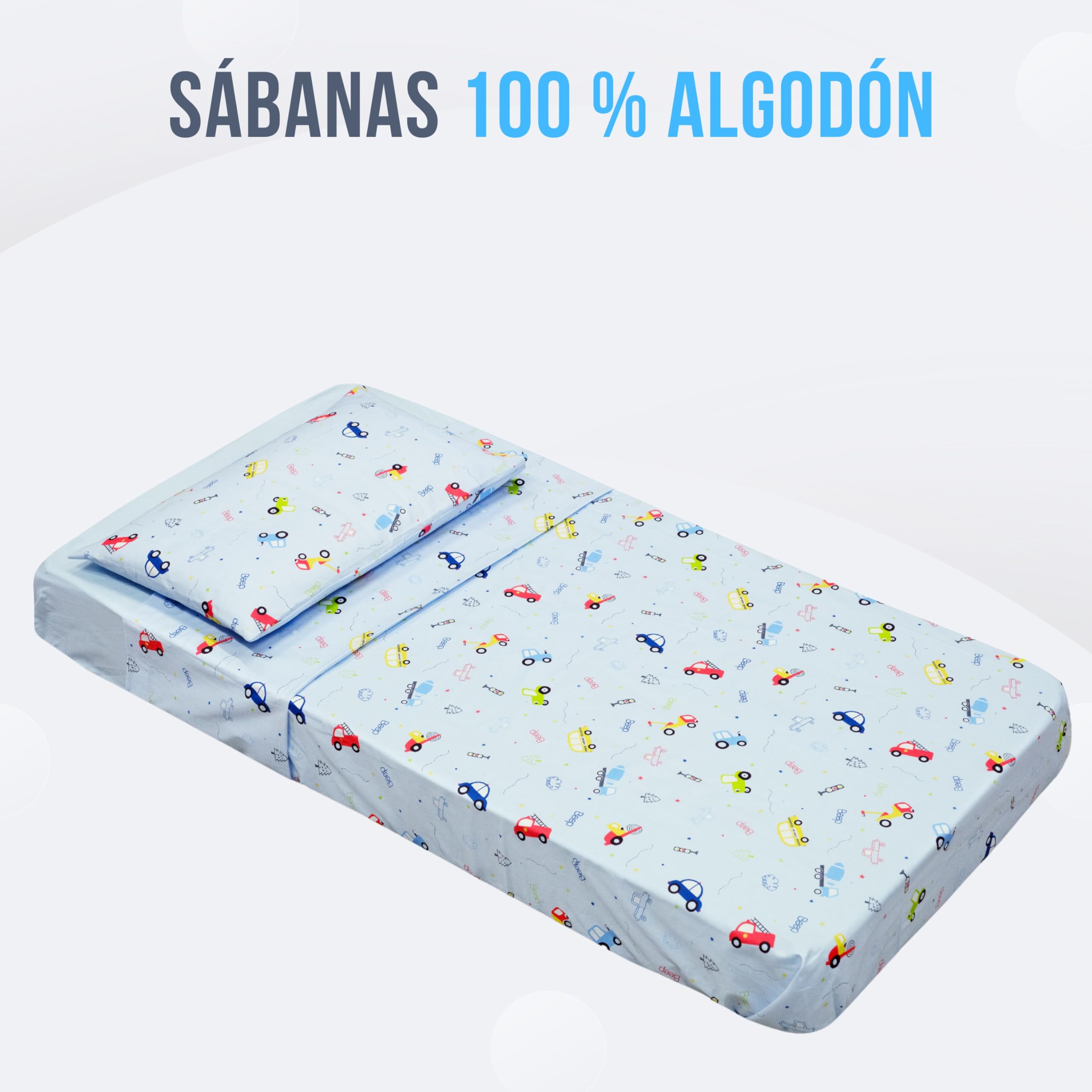 GOYSILA Juego De Sábanas Montessori para Cama 70x140 Cm 1 Sábana Bajera Ajustable 1 Sábana Encimera 1 Funda De Almohada 100% Algodón Oeko-Tex Diseño Coches Ropa De Cama Infantil para Maxicuna