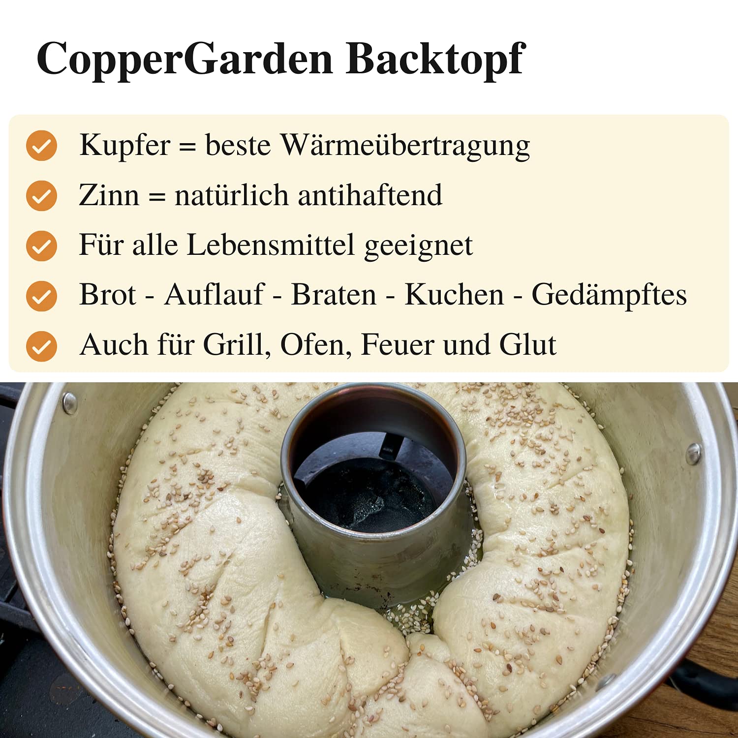 CopperGarden Aura24 Backtopf aus Kupfer I Kupfertopf für Camping/Gasherd/Grill & Lagerfeuer I Kupferkochtopf für 2-4 Personen I Brot-Topf mit 24 cm Durchmesser I Bräter mit Deckel