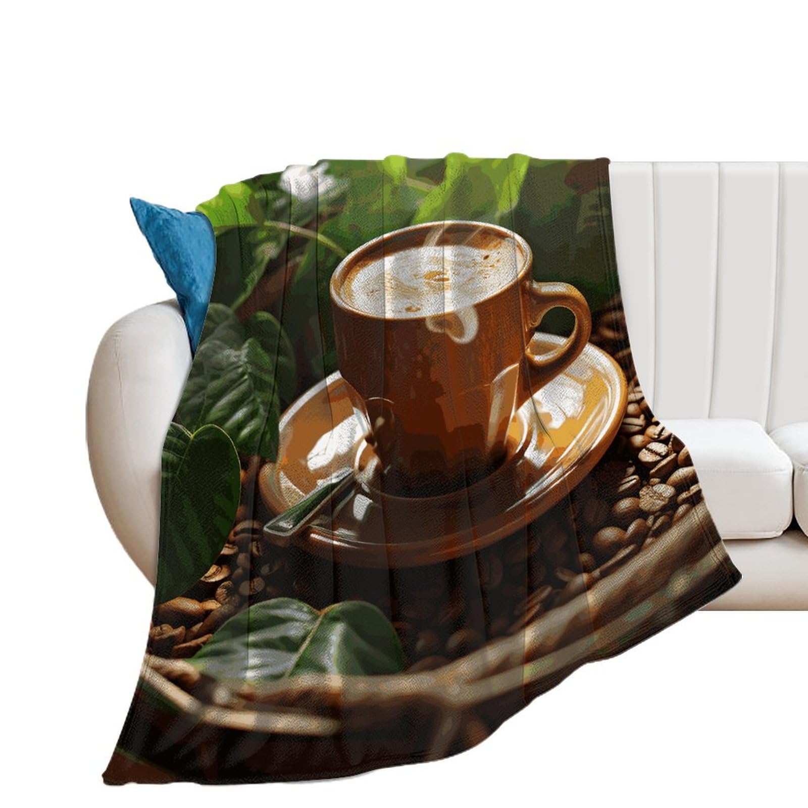 Couverture flanelle douce extra large microfibre lit canapé motif feuilles vert café