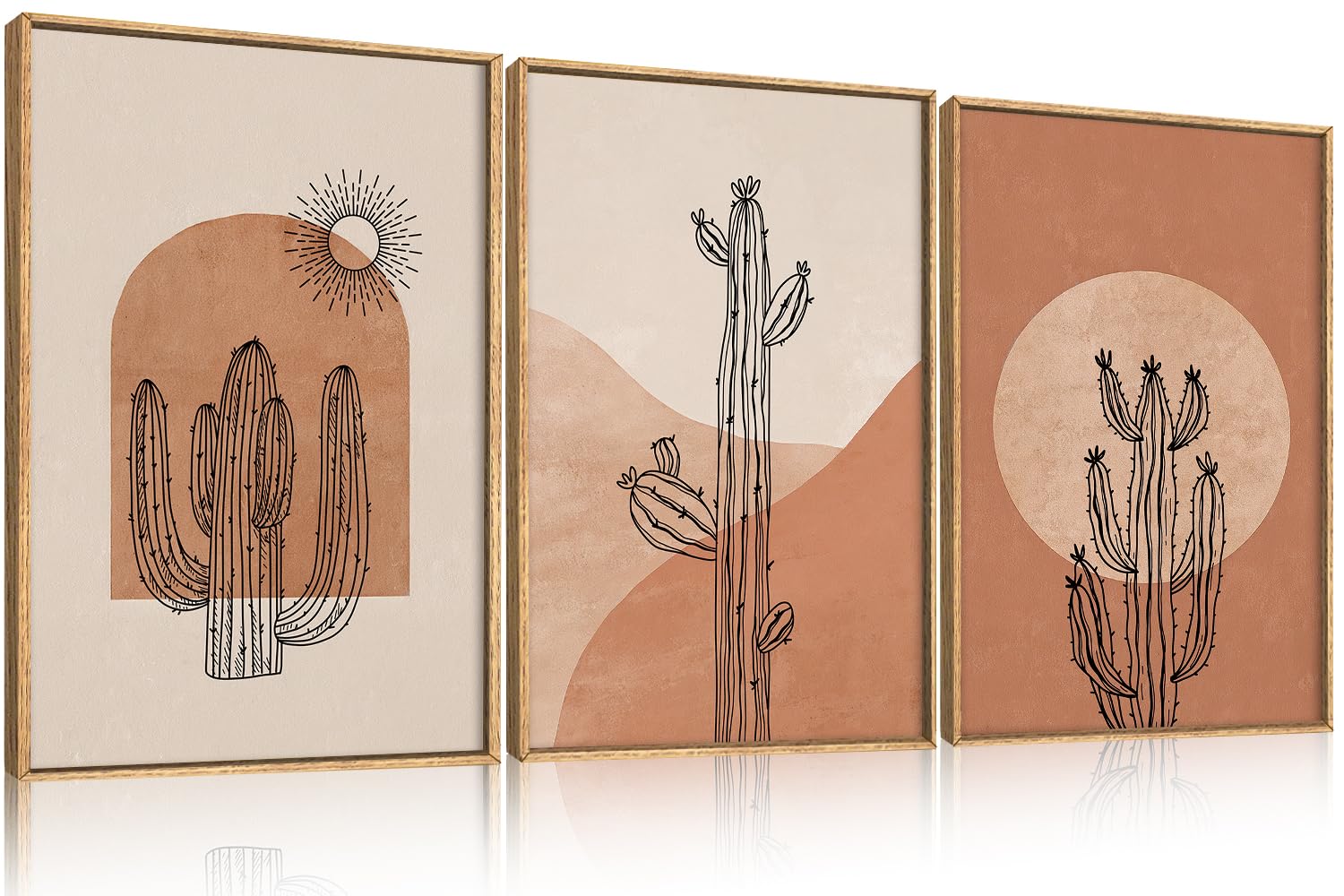 Photo 1 of ?Ausril Boho Minimalist Cactus Framed Canvas Wall Art Set, Mid Century Saguaro Wall Decor, Abstract Geometric Desert Wall Painting, Beige Brown Plant Art Prints for Living Room, Bedroom, Office - 24"X36"X3