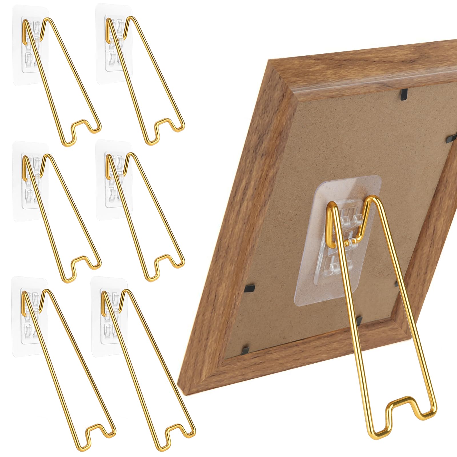 6 Pcs Picture Frame Easel Backs, 2 Sizes Self-Adhesive Picture Frame Easel, Adjustable Stainless Steel Photo Stands Back Supports for Photos Paintings DIY Crafts Display, Gold