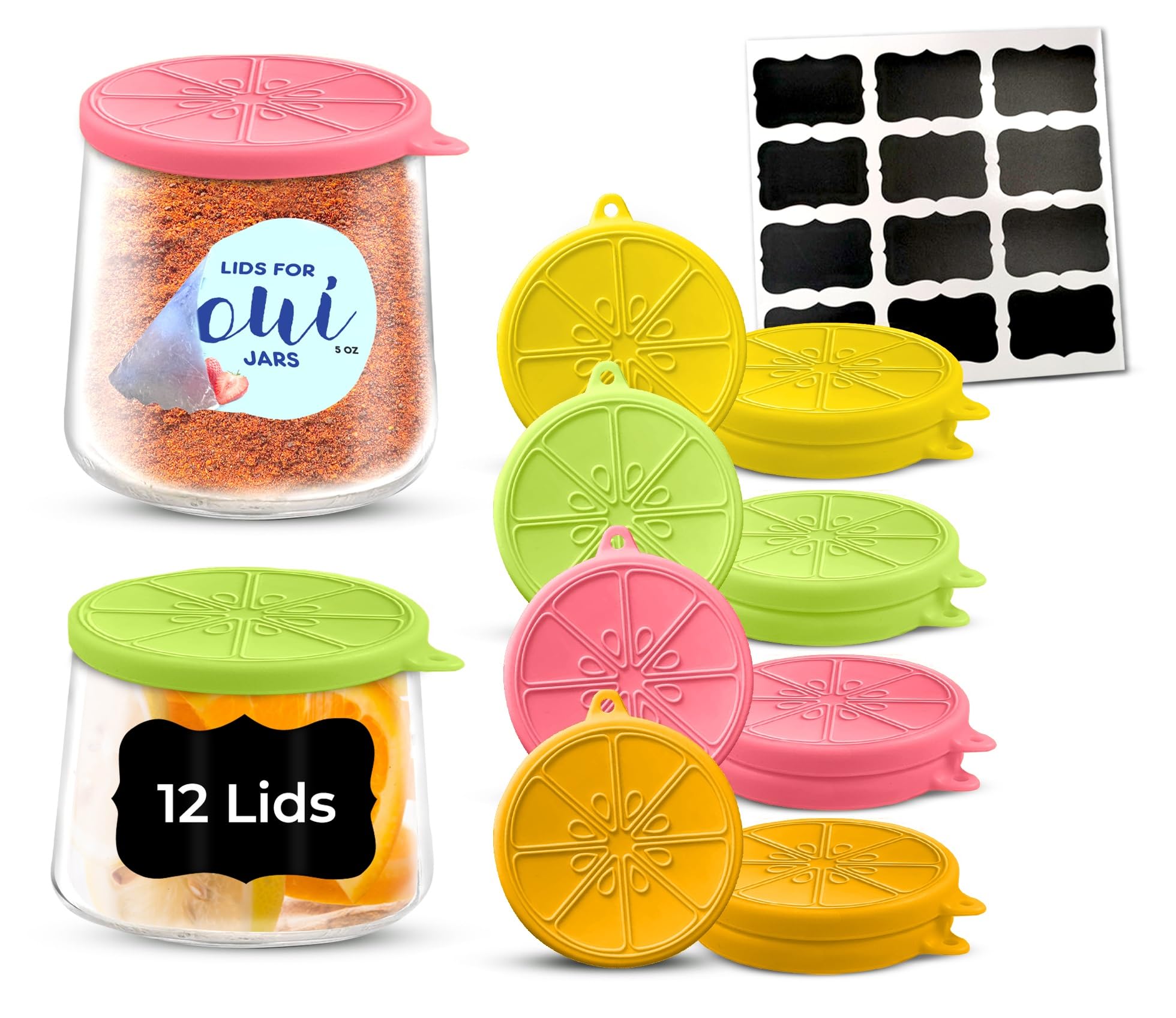 Food-Grade Silicone Oui Yogurt Jar Lids, La Fermière Yogurt Jar Lids |Covers That Fit Yoplait Oui, Nounos, & Weck Small Jars | Cute Airtight Leakproof Tops – 12 pcs Set Silicone, Bright Citrus Colors