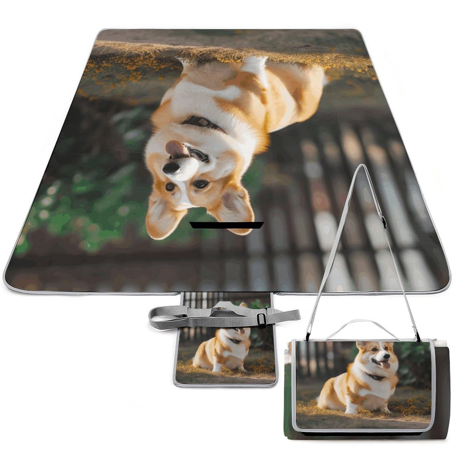 Dog Corgi Beach Blanket Thickened Foldable Camping Mats Soft Lightweight Beach Pad Square Picnic Blankets with Shoulder Strap for Park Grass Patio Hiking