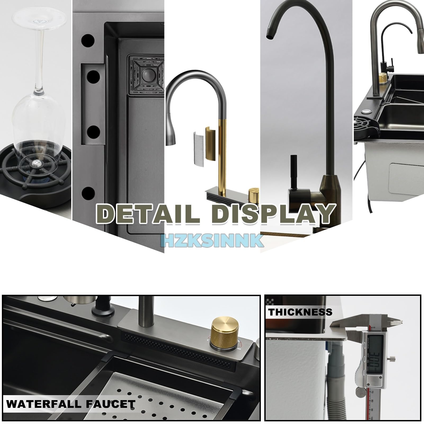 HZKSINNK 80x50cm Lavello da cascata nero, multifunzionale Lavello Cucina 1 Vasca in Acciaio Inox, con Rubinetto Estraibile, sifone e Set di Drenaggio, e vari accessor, lavello domestico set