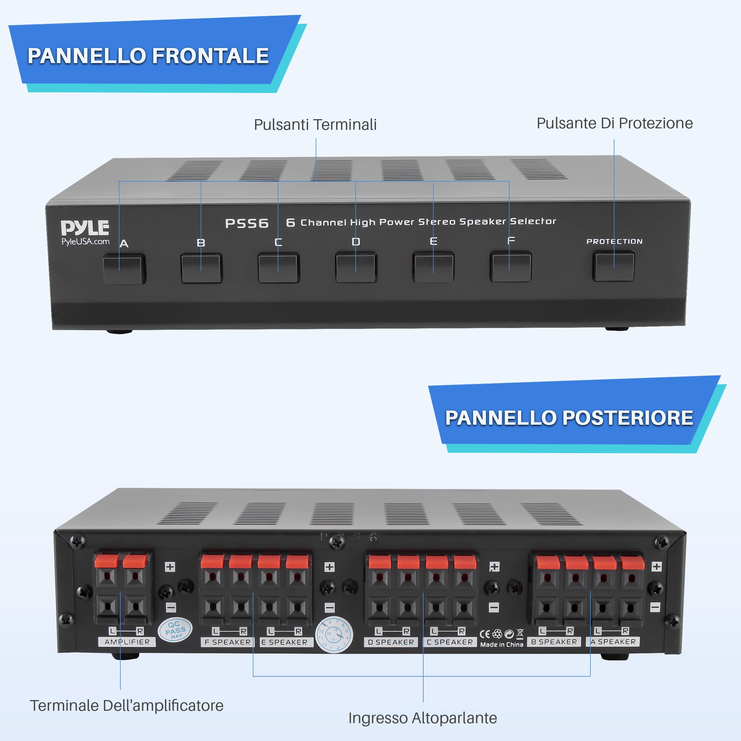 Pyle Amplificatore Audio Stereo Selettore Altoparlanti 6 Zone Interruttore Multi-Canale