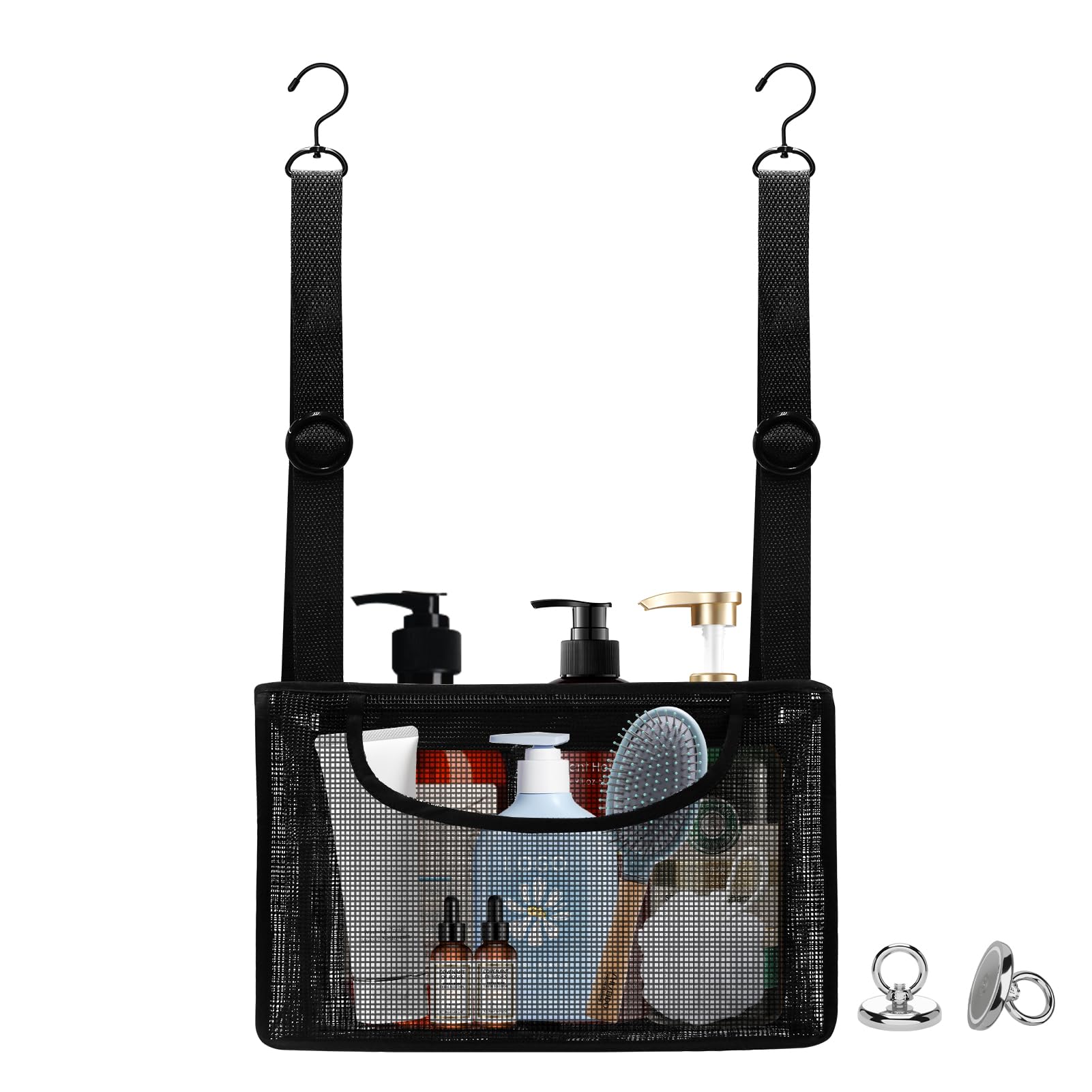 Momooda Black PVC Mesh Hanging Shower Caddy with 2 Magnetic Hooks Adjustable Portable Bathroom Organizer with Pockets for