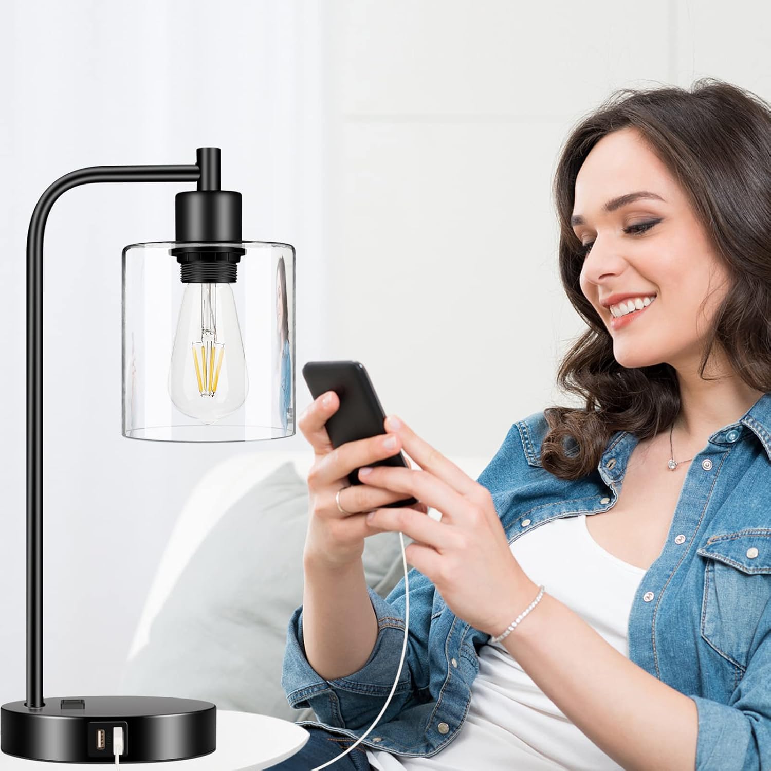Industrial Touch Control Table Lamps Set of 2 - Black Bedside Lamps with 2 USB Ports and AC Outlet, 3-Way Dimmable Nightstand Desk Lamp for Bedroom Living Room, Glass Shade & 2 LED Bulbs Included