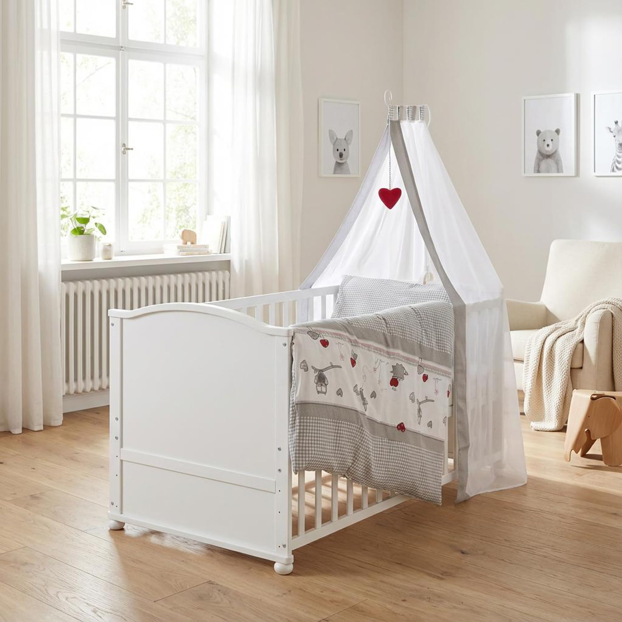 roba Babybett Set Adam & Eule 70x140 cm Mitwachsendes Kinderbett mit Bettwäsche Himmel Matratze Höhenverstellbar umbaubar Holz weiß