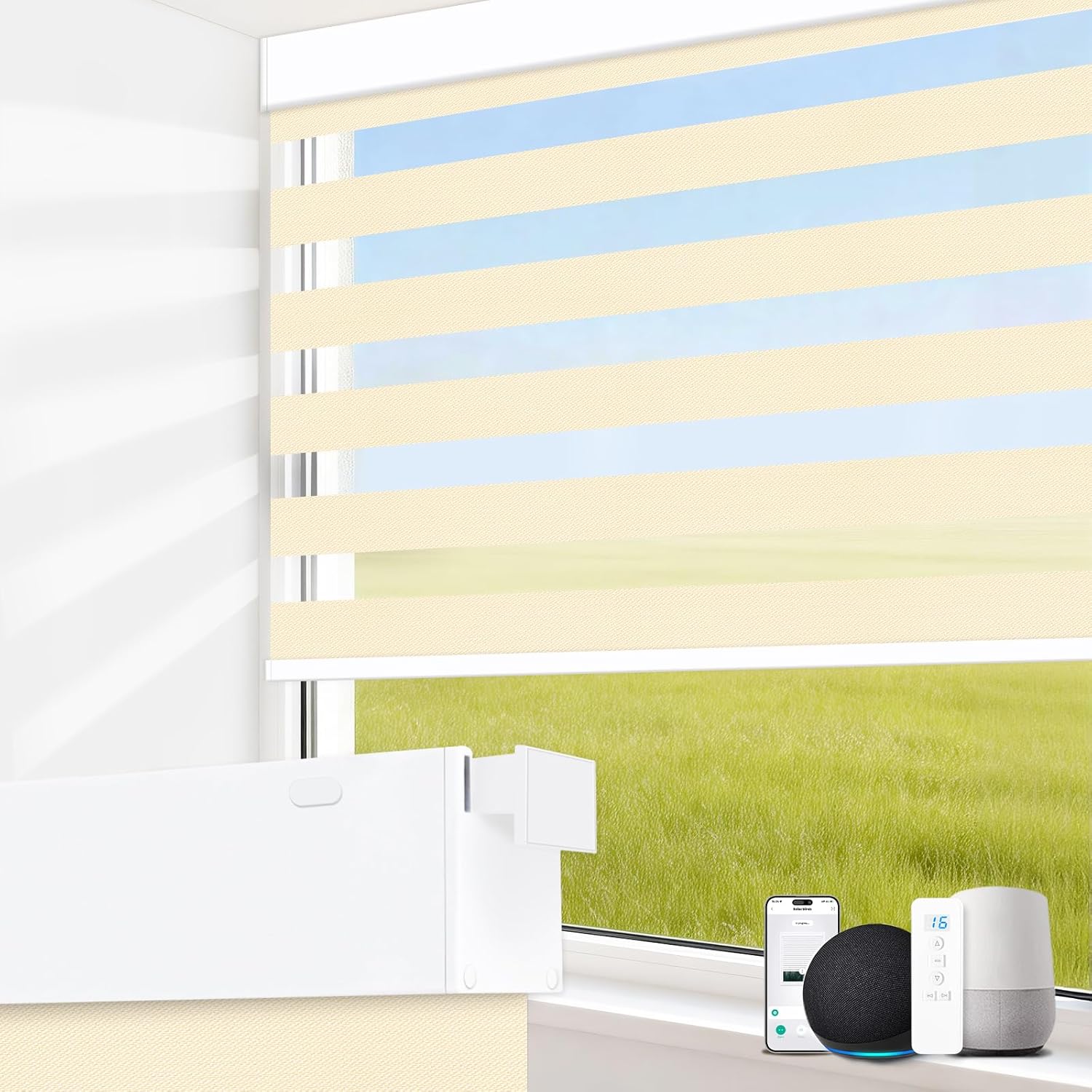 Motorized Blinds with Remote Control 95% Blackout Electric Zebra Blinds for Windows Compatible with Alexa Google for Home Office White, Custom Sizes