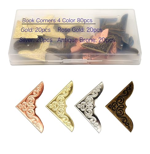 Metal Book Corner Protector Set, Iron Decorative Cover, JSMSEVEN | 80-Pack, Gold/Silver/Rose Gold/Antique Bronze, for Scrapbook, Photo Album, Diary, Menus, Folder, Vintage Style - Large Size 80 Pcs Gold, Silver, Rose Gold, Antique Bronze