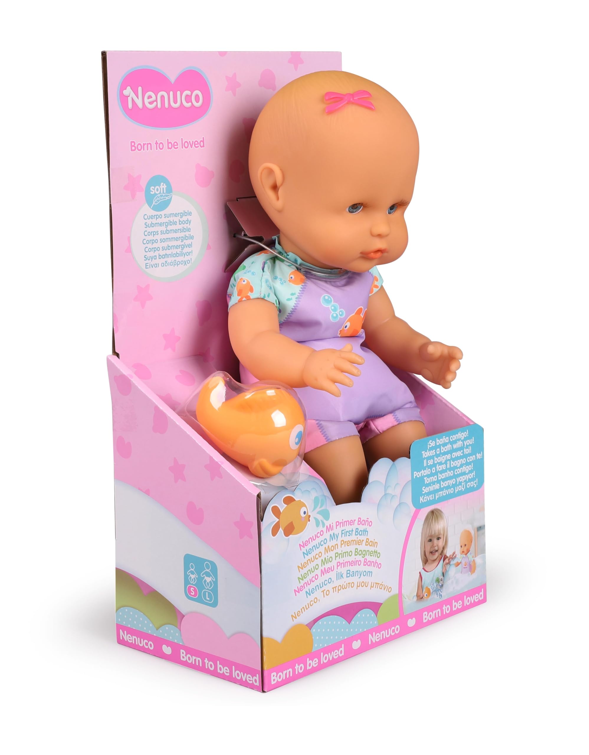 Nenuco - Mi Primer baño, un muñeco blandito de Cuerpo Sumergible, lo Puedes Meter en la bañera, en la Piscina y en el mar. Incluye bañador y un pececito Que se Puede Meter en el Agua (NFN88000)