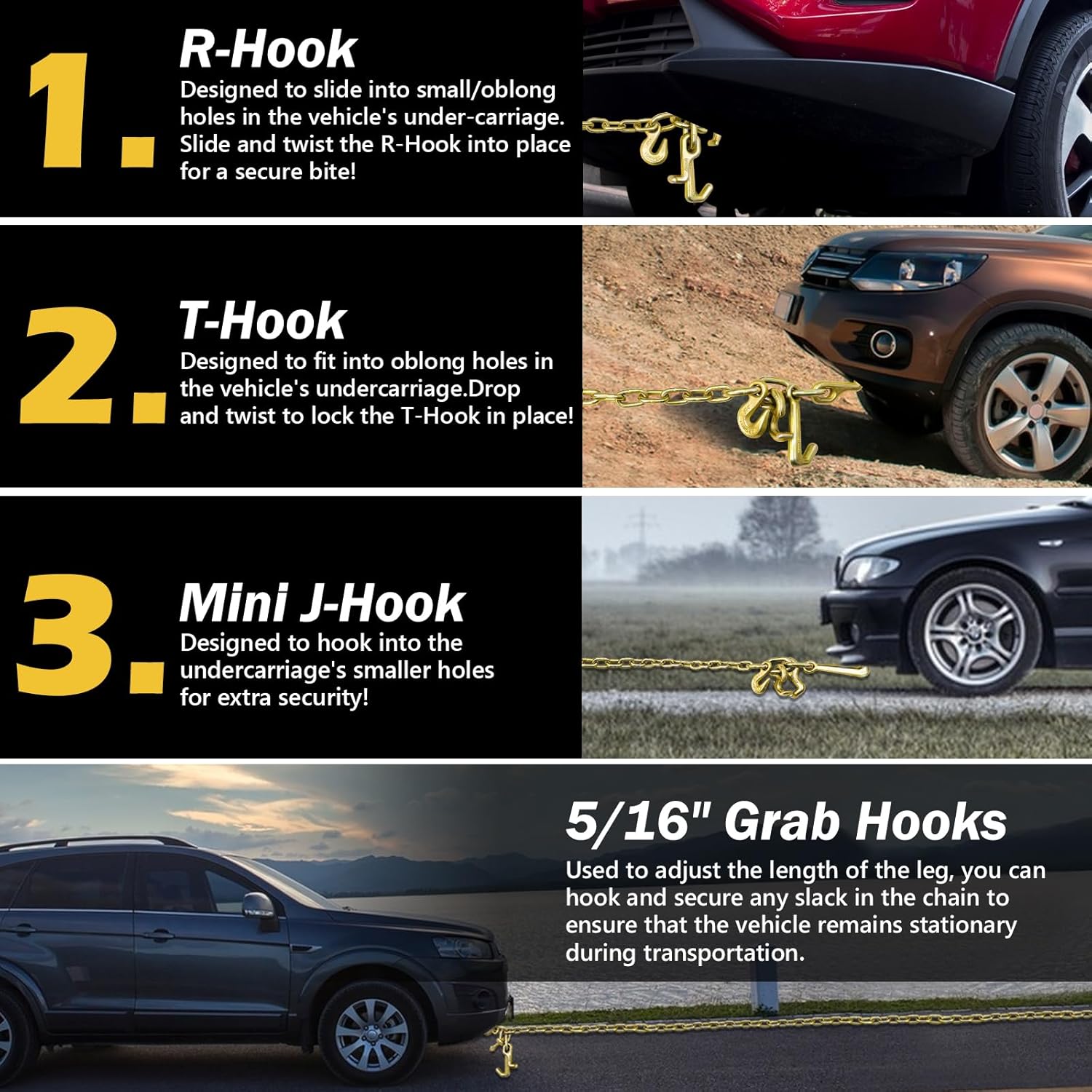 G80 j Hooks Tow Chain, 5/16" x 6' Recovery Tow Hooks Chain 15IN J Hook w/RTJ & Grab Hook, 18800LBS Tow Truck Accessories J Hooks, Bridle Tow Transport Chain, Wrecker Towing Truck Equipment