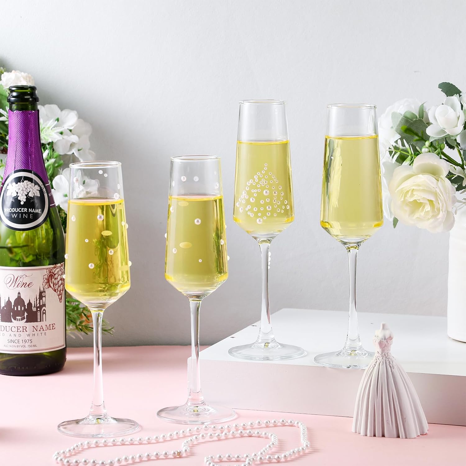 LemonRoad 6 Sets Wedding Champagne Flutes 8 oz Pearls Toasting Glasses for Bride and Groom with 6 Pearls Sticks and 2 Glue Wedding Glasses for Bridal Shower Anniversary Engagement