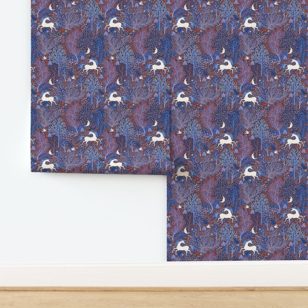 Peel & Stick Wallpaper 6ft x 2ft - Unicorns Forest Flowers Floral Unicorn Horses Scandinavian Folk Custom Removable Wallpaper by Spoonflower