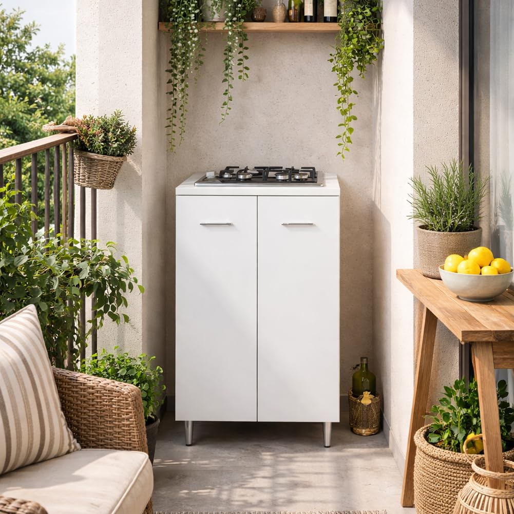 Shally Dogan Mobile Base da cucina a 2 ante 60 x 40 x 85 cm completo di Piano Cottura a 2 Fuochi, Piastre in Ghisa Resistenti, Montaggio con Piedini Fissi o Ruote, Kit completo pronto all'uso (Bianco)