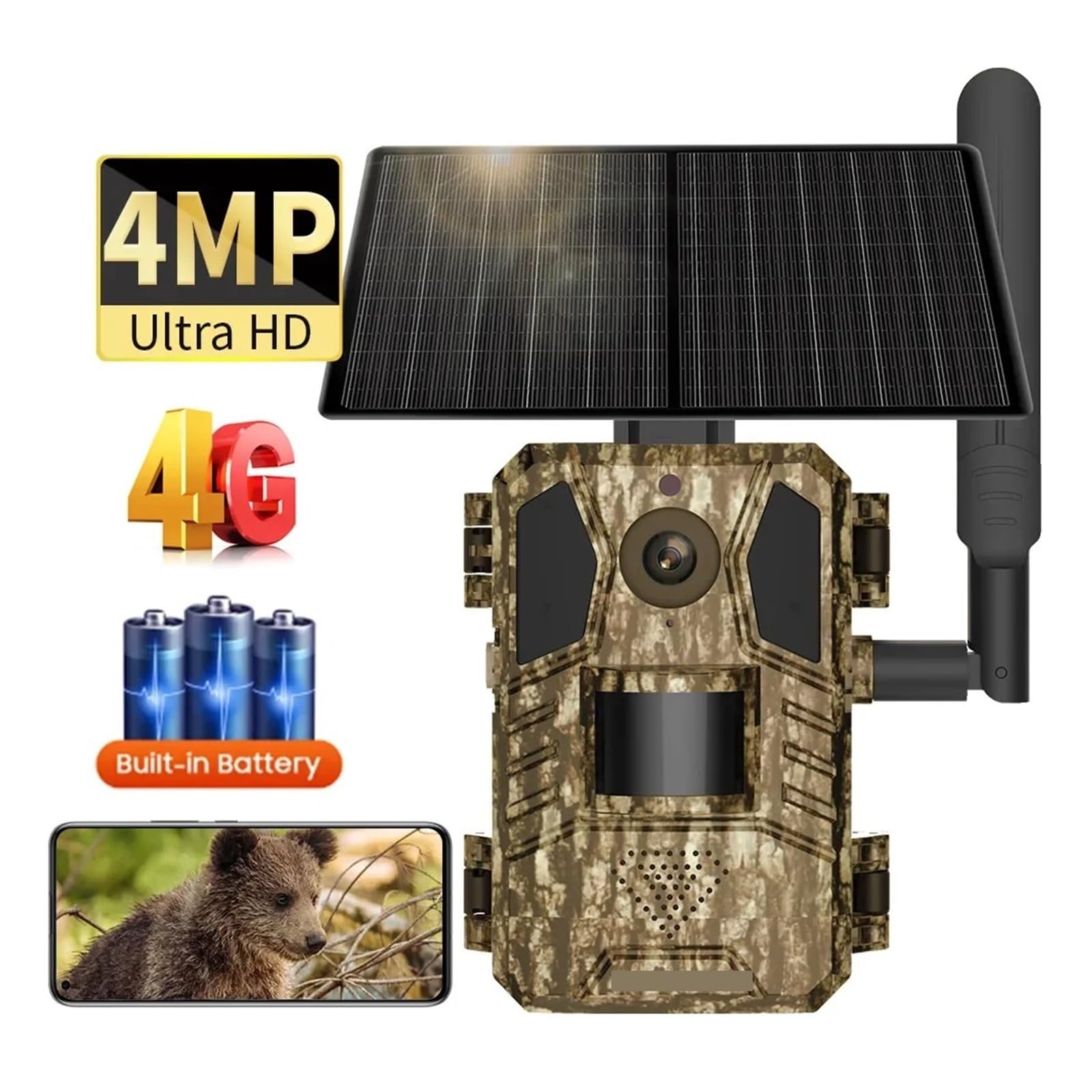 Cámara Vida Silvestre Cámara De Rastreo For Caza Solar, Tarjeta SIM 4G 14MP, IP66, Resistente Al Agua, 20M, Detección Movimiento PIR, Vida Salvaje, Visión Nocturna IR(4G Camera Add 32G)