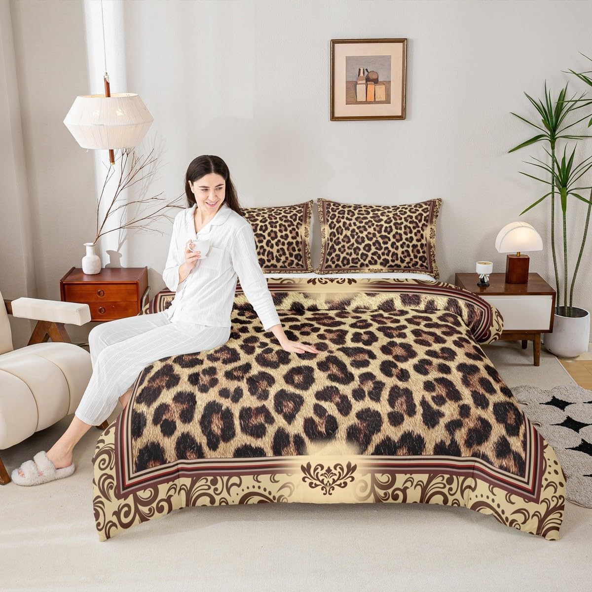 Brown Leopard Print Comforter Set Twin Size,Kids Girls Woman Novelty Room Decor,Abstract Wild Animal Skin Down Comforter,Paisley Floral Boho Bedding Set,Rustic Retro Duvet Insert,1 Pillowcase image 4