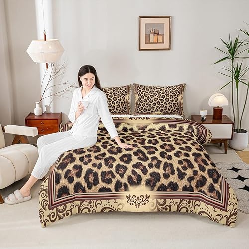 Juego de edredón con estampado de leopardo marrón, tamaño King, decoración de habitación para niños y niñas, edredón abstracto de piel de animales disponible en Yaxa Costa Rica