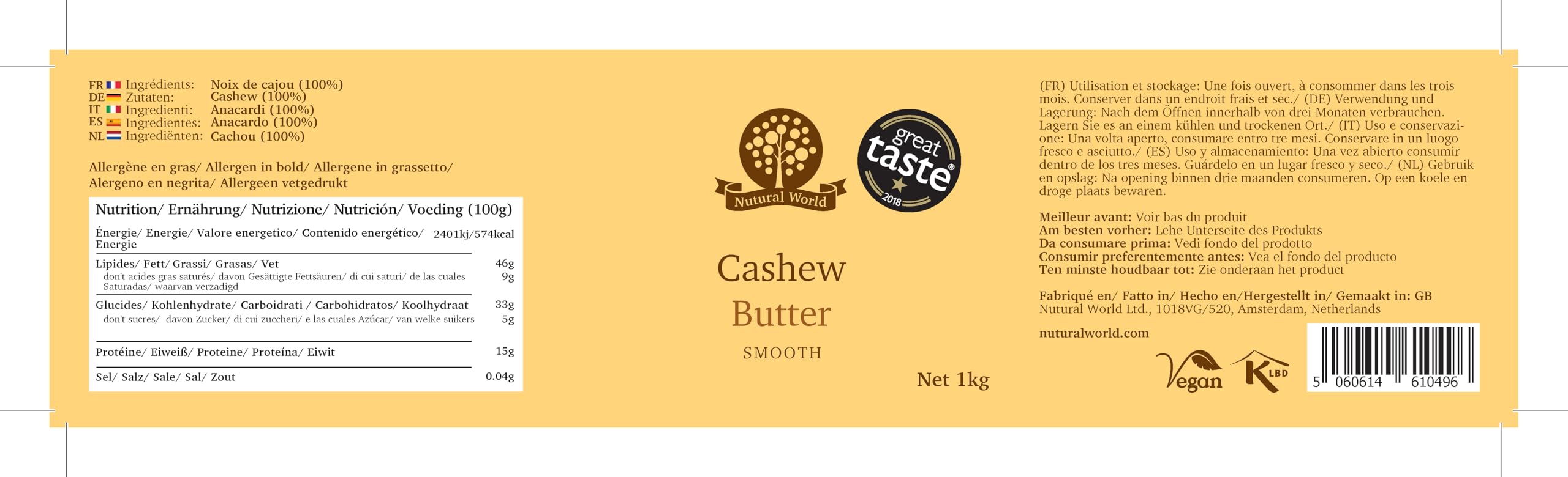 Nutural World - Beurre de noix de cajou onctueux (1kg) Vainqueur des Great Taste Awards