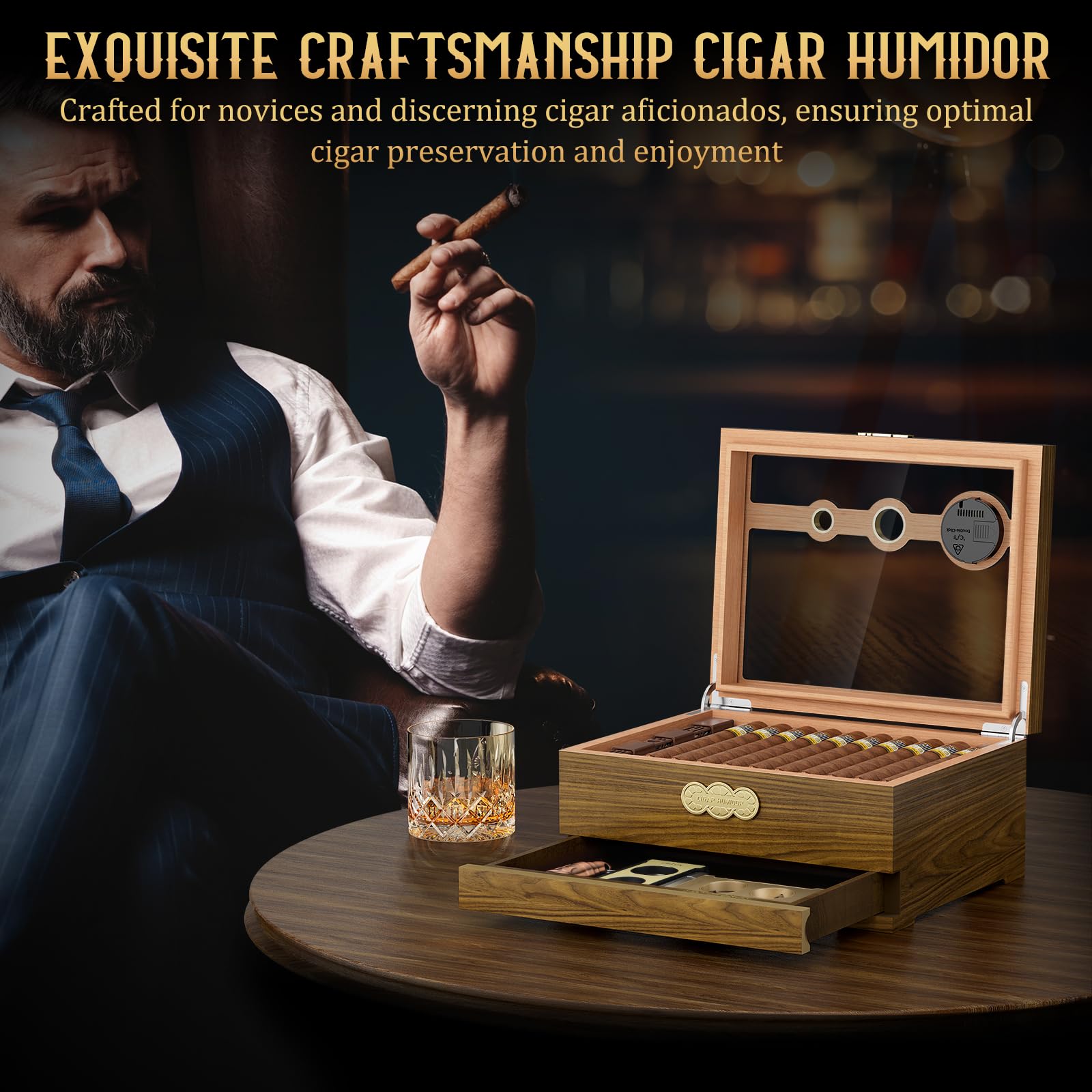 LIHTUN Zigarren Humidor, Glas Top Desktop Humidor Box, Zigarren Geschenke für Männer, Zedernholz Zigarrenkoffer mit Digital Hygrometer, Luftbefeuchter, Messskala und Zigarren Zubehör Schublade