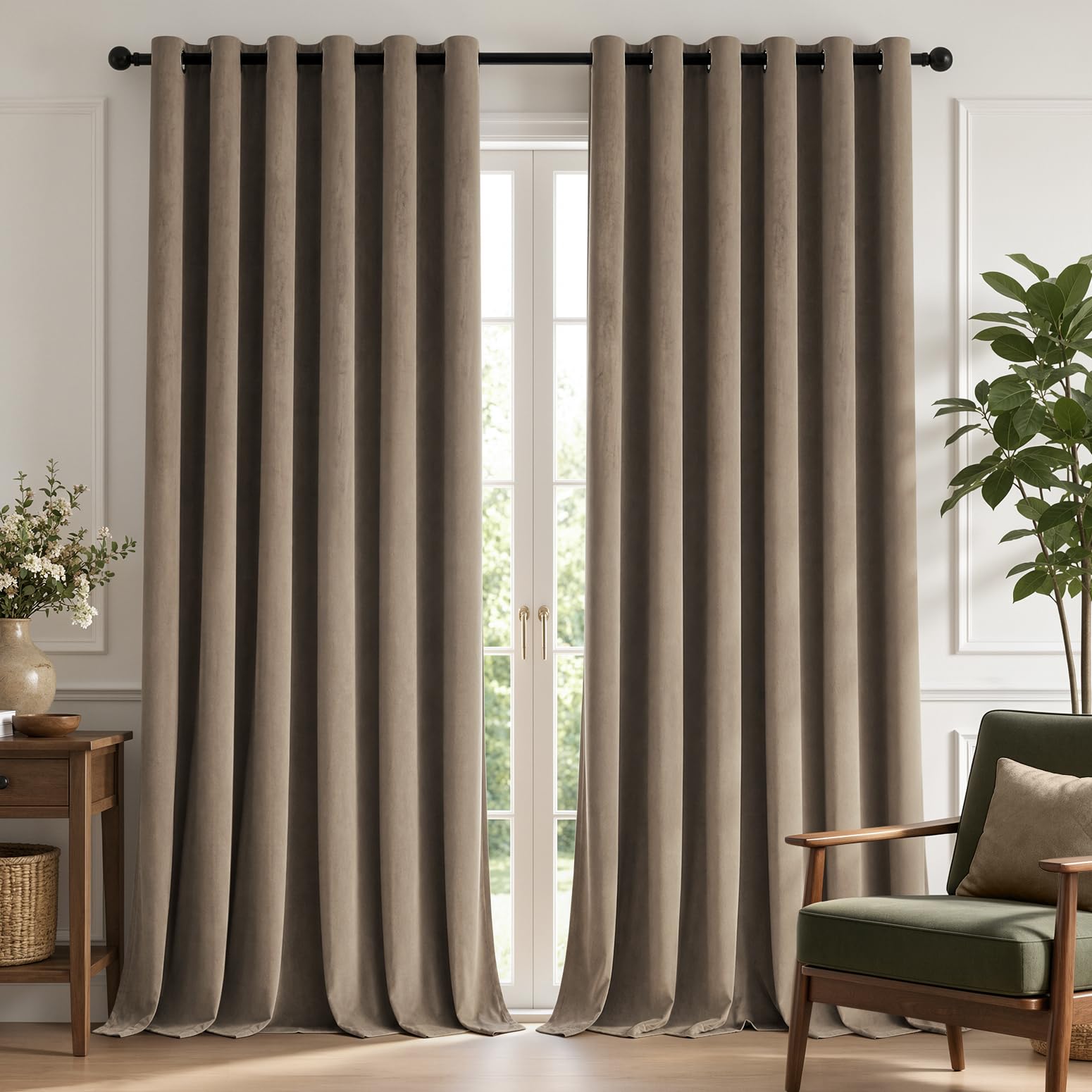 TOPICK Soft Thermal Velvet Curtains Living Room Bedroom, Warm Taupe W90xL90