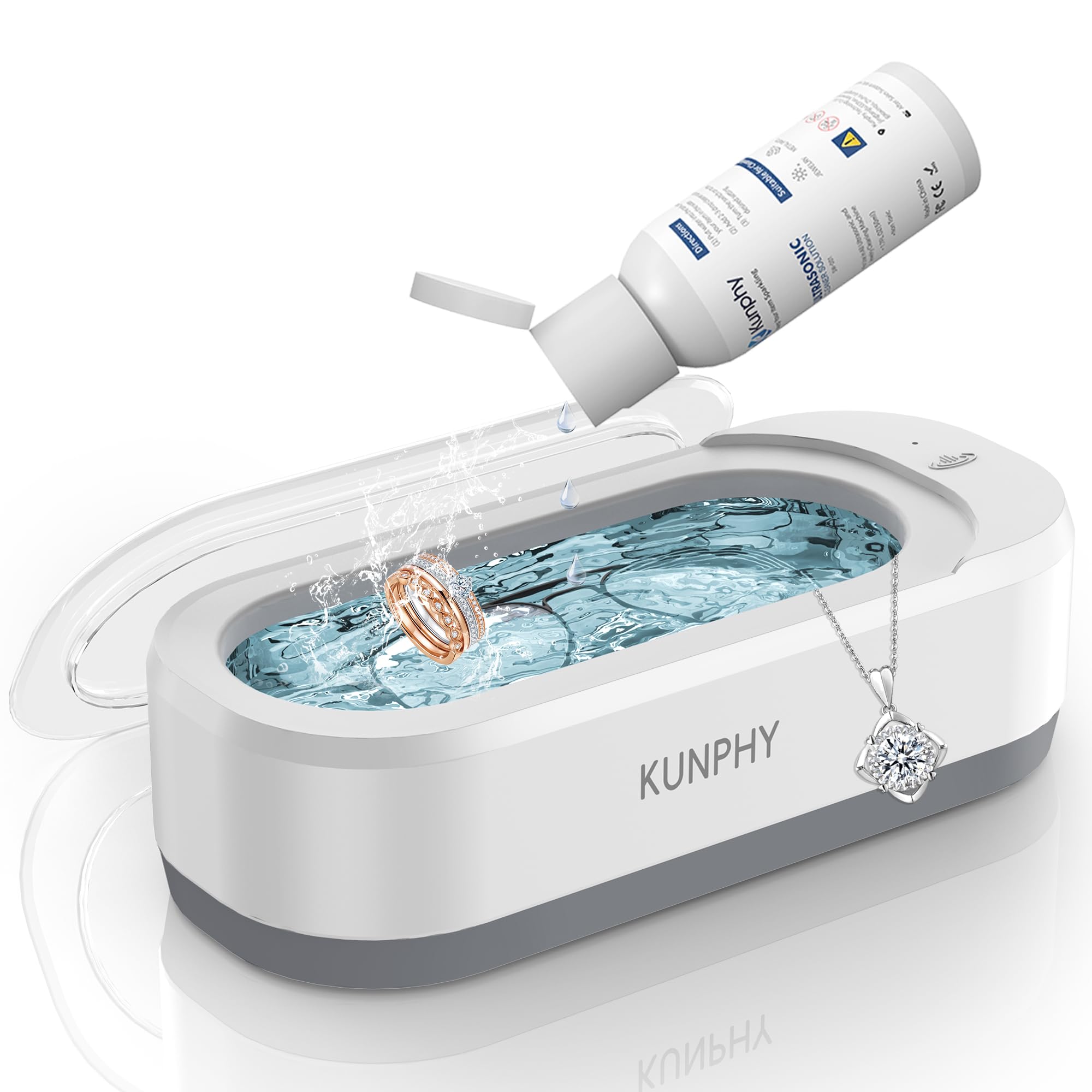 KUNPHY Jewelry Cleaner, 46KHZ, 12OZ Capacity, Ultrasonic Jewelry Cleaner with 50ml Solution, One-Touch Operation, Professional Ultrasonic Cleaner Idea for Silver, Gold Jewelry, Glasses, Rings, Diamond