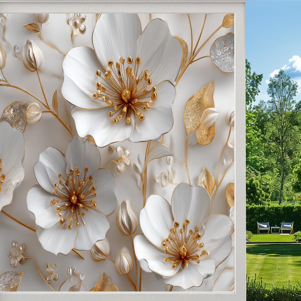 Elegant White Floral Stained Glass Window Film, Glam Flower Branch Peel and Stick Privacy Film, Frosted Adhesive Vinyl Decorative for Bathroom Windows Glass Doors, （55x90cm）