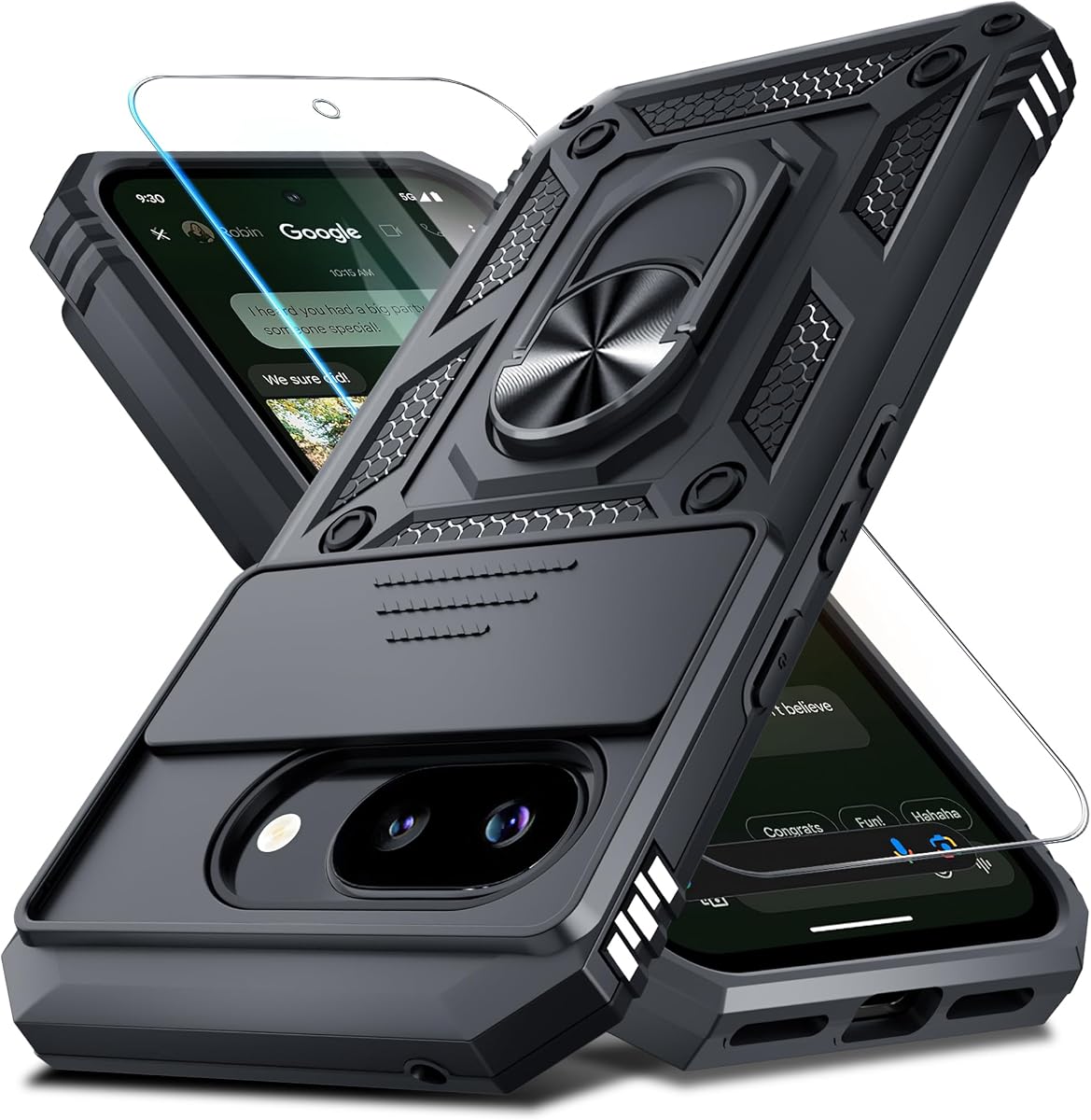 for Google Pixel 10A Case Built in Slide Camera Cover,Black | with Tempered Glass Screen Protector+Finger Ring Holder Kickstand,Heavy Duty Shockproof Full Body Phone Cover