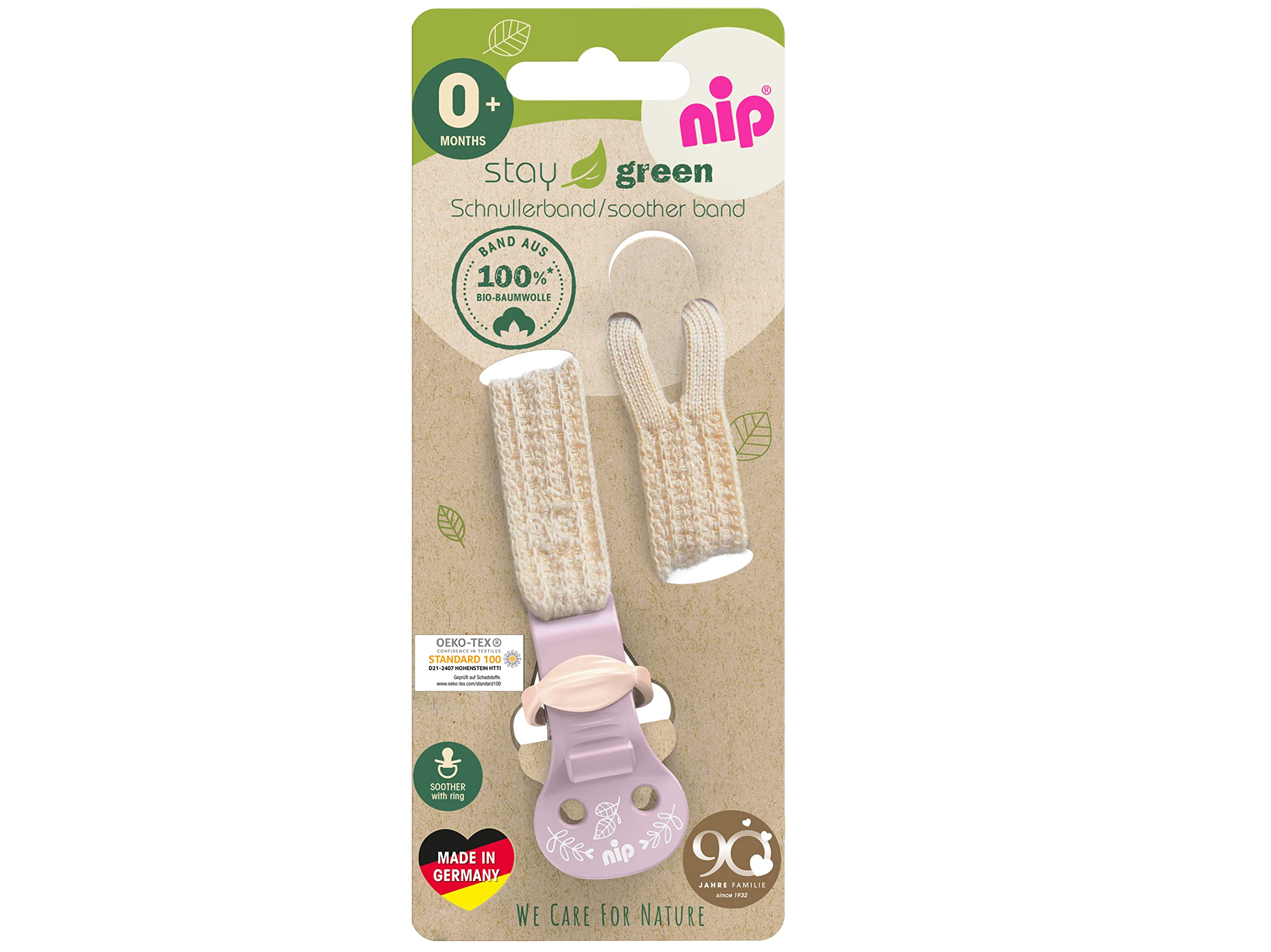 NIP Green Schnullerband aus Bio-Baumwolle: BPA-frei, extra weich und leicht, verstellbarer Schnullerhalter für Schnuller mit Ring & Beißringe, schützt Babykleidung, Violett