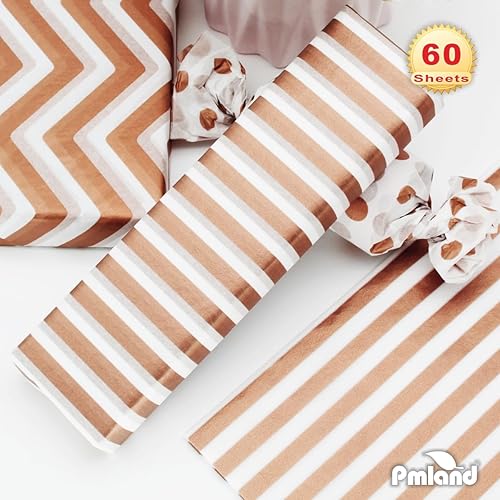 Miniatura 3 de PMLAND Papel de seda de alta calidad para envolver regalos, rayas blancas metálicas de oro rosa, 20 x 14 pulgadas, 60 hojas