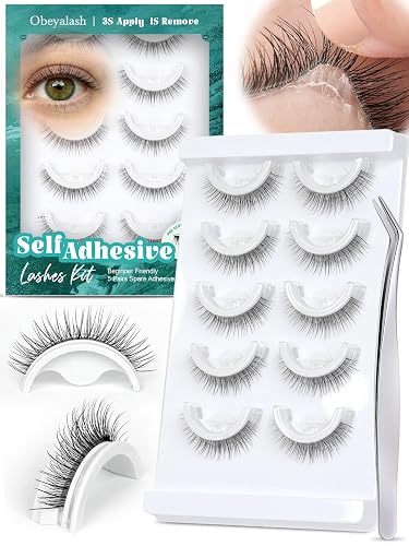 Obeyalash Self Adhesive Eyelashes,Press on Lashes,No Glue Eyelashes10mm L08 | Pre Glued Strip Lashes with Replacement Strips & Tweezers for Beginners,Clear Adhesive,Natural Look Doll Eye for Daily Work