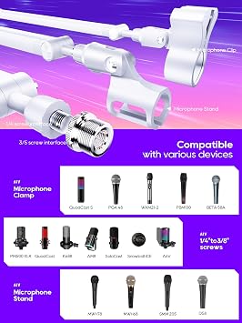 Mic Arm, 360° Rotatable Microphone Boom Arm Mic Stand for Fifine AM8 K669B Blue Yeti HyperX shure sm7b SoloCast AT2020, with Mic Clip 3/8 to 5/8 (White)