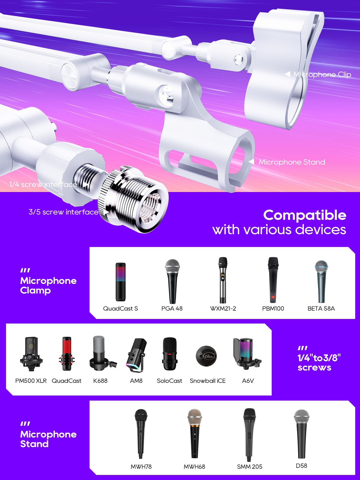 M05 Pro Bras de microphone rotatif à 360° avec support de bureau, bras de microphone pliable avec adaptateur à vis de 3/8" à 5/8", bras de microphone pour streaming en direct, jeux (blanc)