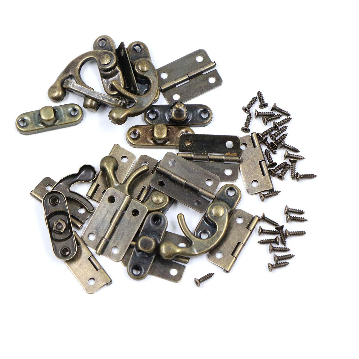 Hook in stile antico con chiusura a gancio, stile retrò, per sinistra/destra, 10 pezzi ganci di bloccaggio anticati,ganci di bloccaggio+12 pezzi piccole cerniere con viti,perfetto per scatola di legno